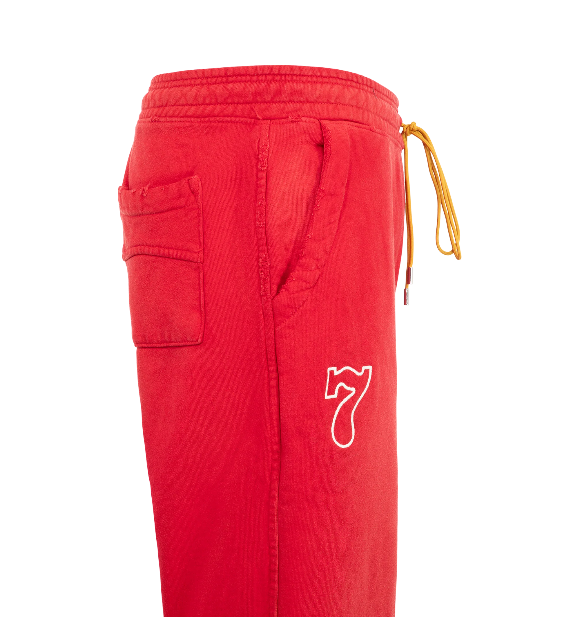 Image 4 of 4 - RED - Rhude Desert Racing Script Cuffed Sweatpant is crafted from cotton and features a relaxed silhouette with elasticated cuffs for a tapered fit. Designed with Desert Racing Script graphics, an elasticated waistband, and functional pocket detailing for everyday comfort. Main Material: 100% Cotton. Made in USA.