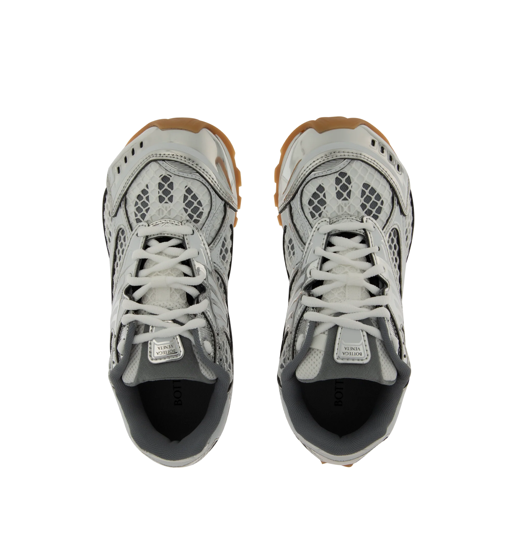 Image 5 of 5 - GREY - Bottega Veneta Orbit Sneaker featuring lace-up front, metallic rubber, mesh and fishnet panels, signature intrecciato weave and gripped soles. Rubber outsole. Made in Italy. 