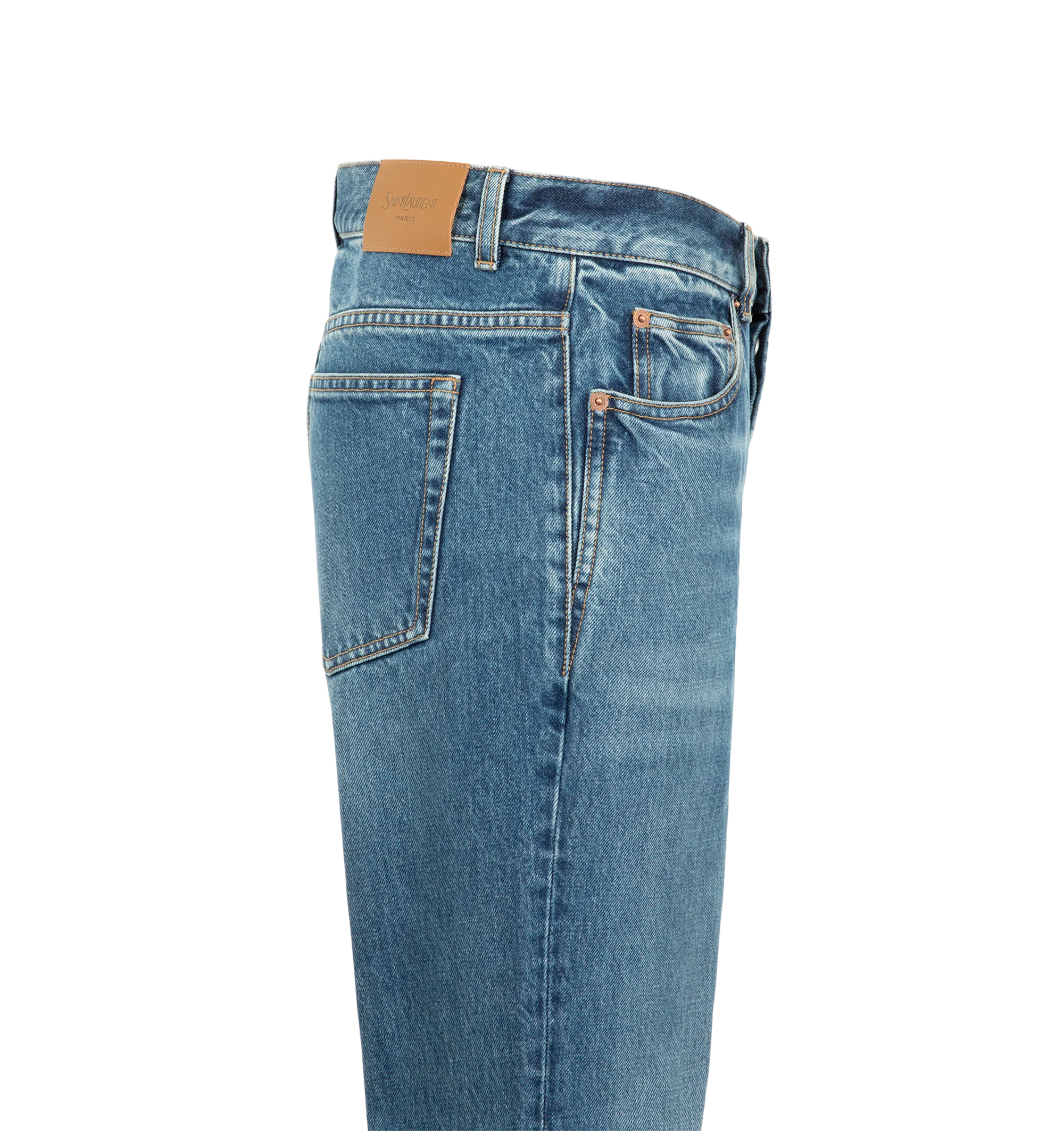 Image 3 of 3 - BLUE - Saint Laurent Women's Straight-Leg Nico Jeans are crafted from cotton denim and feature a button closure with a button fly and classic five-pocket construction. Saint Laurent Paris-embossed leather jacron at the back complete the design. Main Material: Cotton. Made in Italy. 