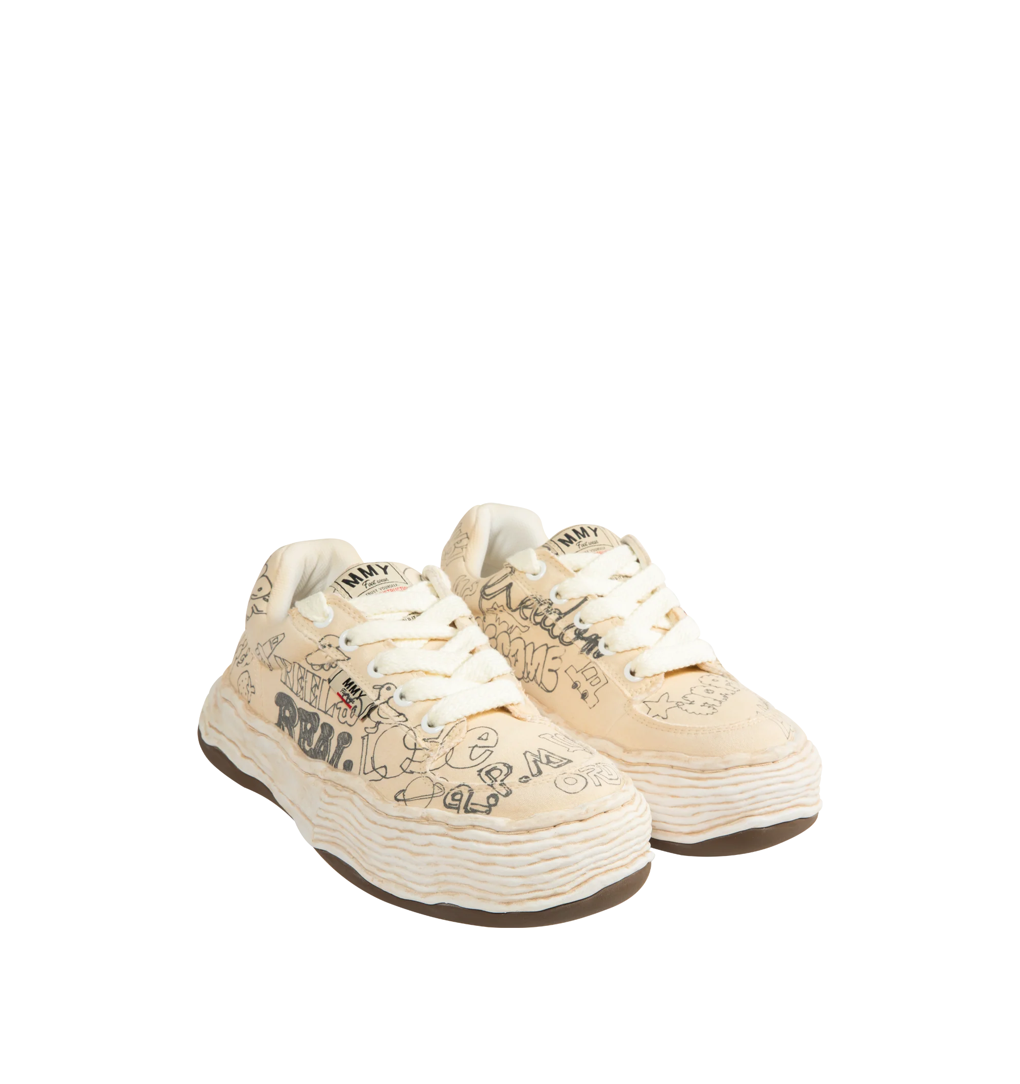 Image 2 of 5 - WHITE - Maison Mihara Yasuhiro Men's Oliver Sneakers feature the brand's signature hand-sculpted OG sole, a graffiti-printed canvas upper, and a bold low-top silhouette for a contemporary statement look. Designed for the Spring/Summer 2026 collection, these designer sneakers combine classic sneaker styling with Maison Mihara Yasuhiro's experimental oversized sole, while vibrant graffiti artwork and intentional vintage detailing create a distinctive, artistic aesthetic. Main Material: 100% Cot