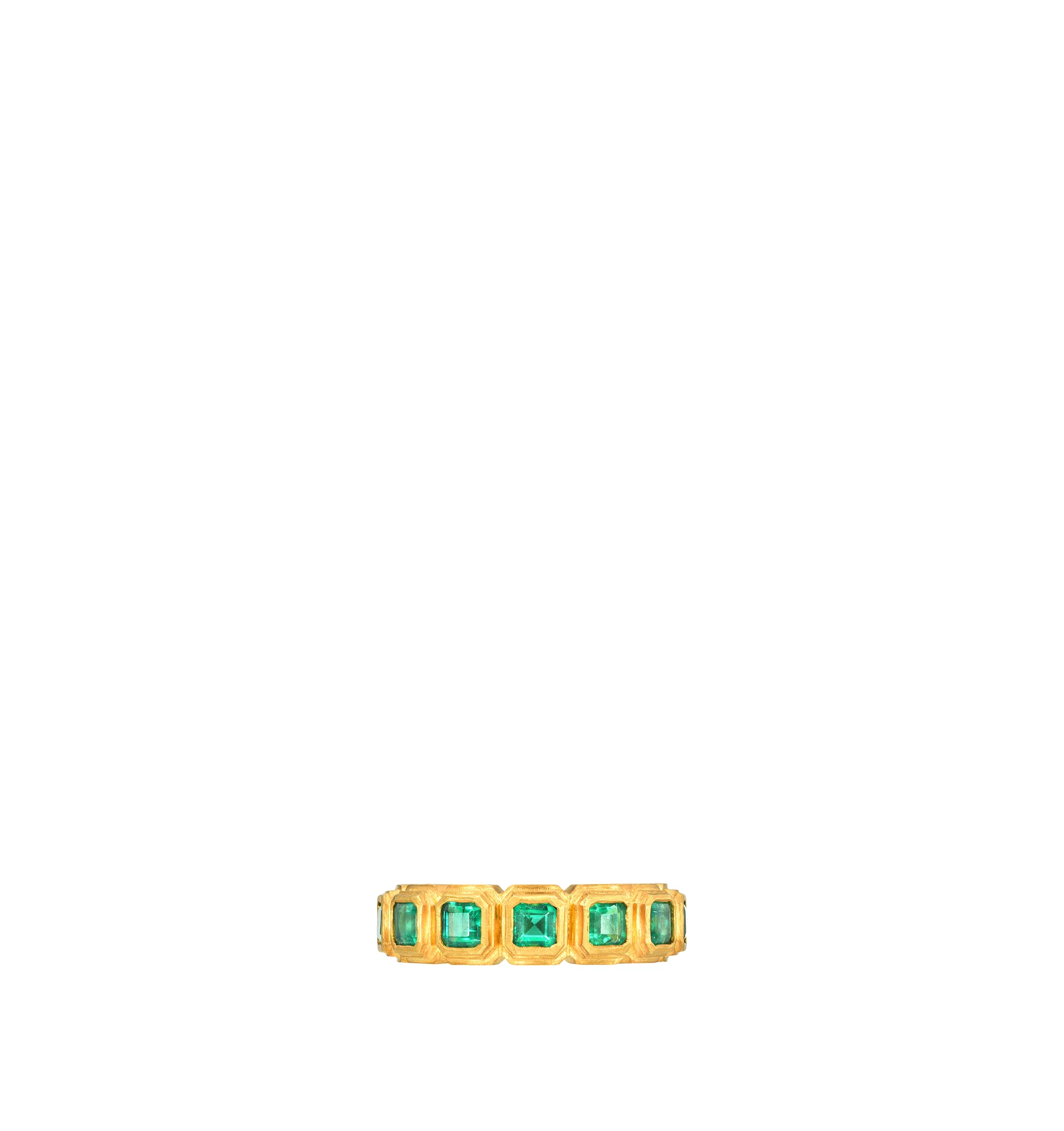 Image 1 of 3 - GREEN - Darius Jewels Emerald Ziggurat Eternity Band featuring 2.45 cts of Colombian emeralds bezel set in 18K Fairmined yellow gold. Size: 8. For personal consultation and detailed information about jewelry, please contact our dedicated stylist team at personalshopping@hirshleifers.com.This item may be restricted for online purchase to international clients. For assistance purchasing this item please contact our dedicated stylist team at personalshopping@hirshleifers.com.