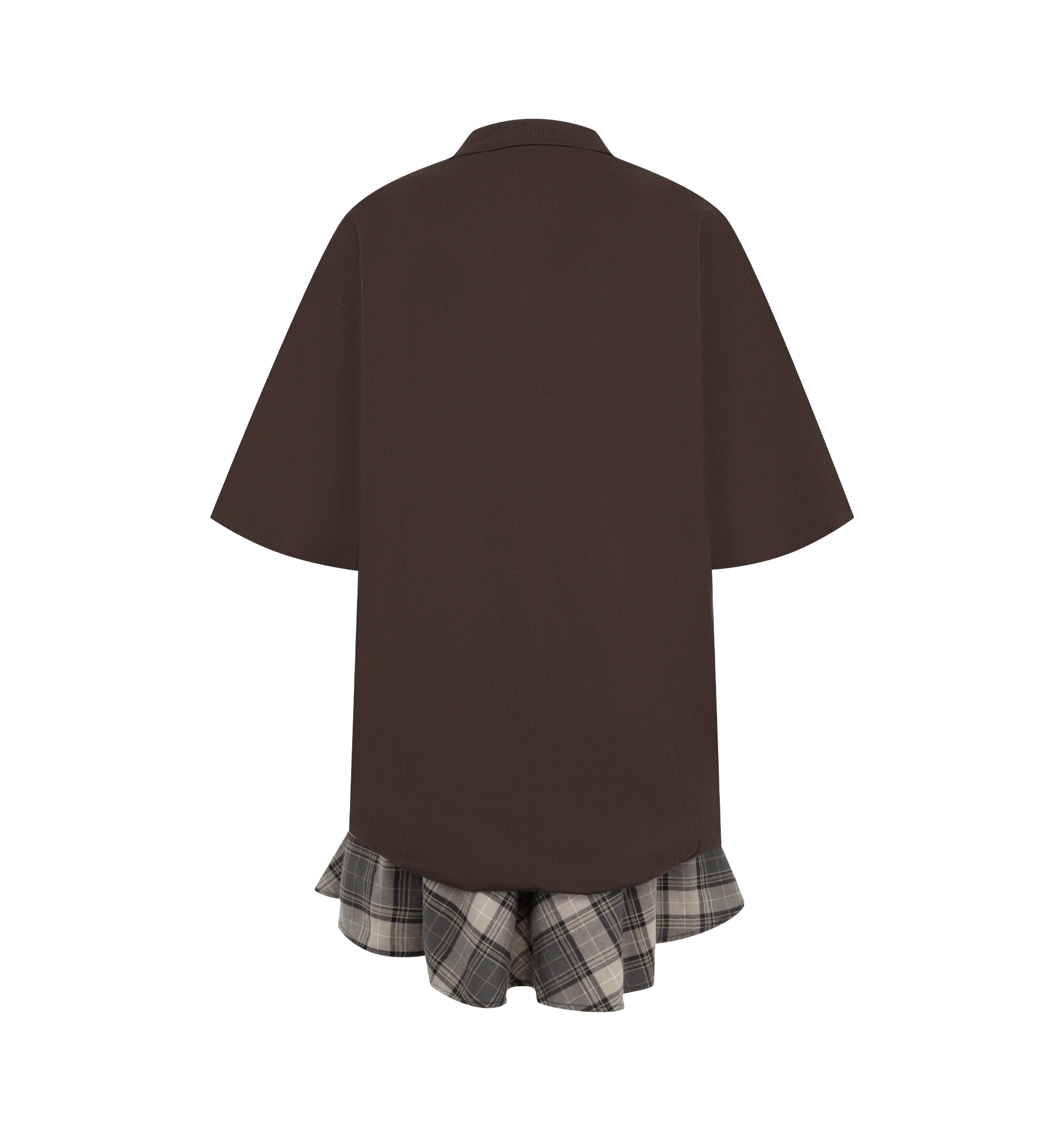 Image 2 of 2 - BROWN - Acne Studios Womens T-Shirt Dress is crafted from smooth cotton. Features a regular fit, polo piqu collar, three-button closure, gathered short sleeves, balloon hem with contrasting checkered ruffled skirt, layered construction, and seasonal embroidered crest logo at the chest. Main Material: 95% Cotton, 5% Elastane; Lining: 100% Cotton; Contrast: 100% Cotton. Made with organically grown cotton. Made in Portugal.