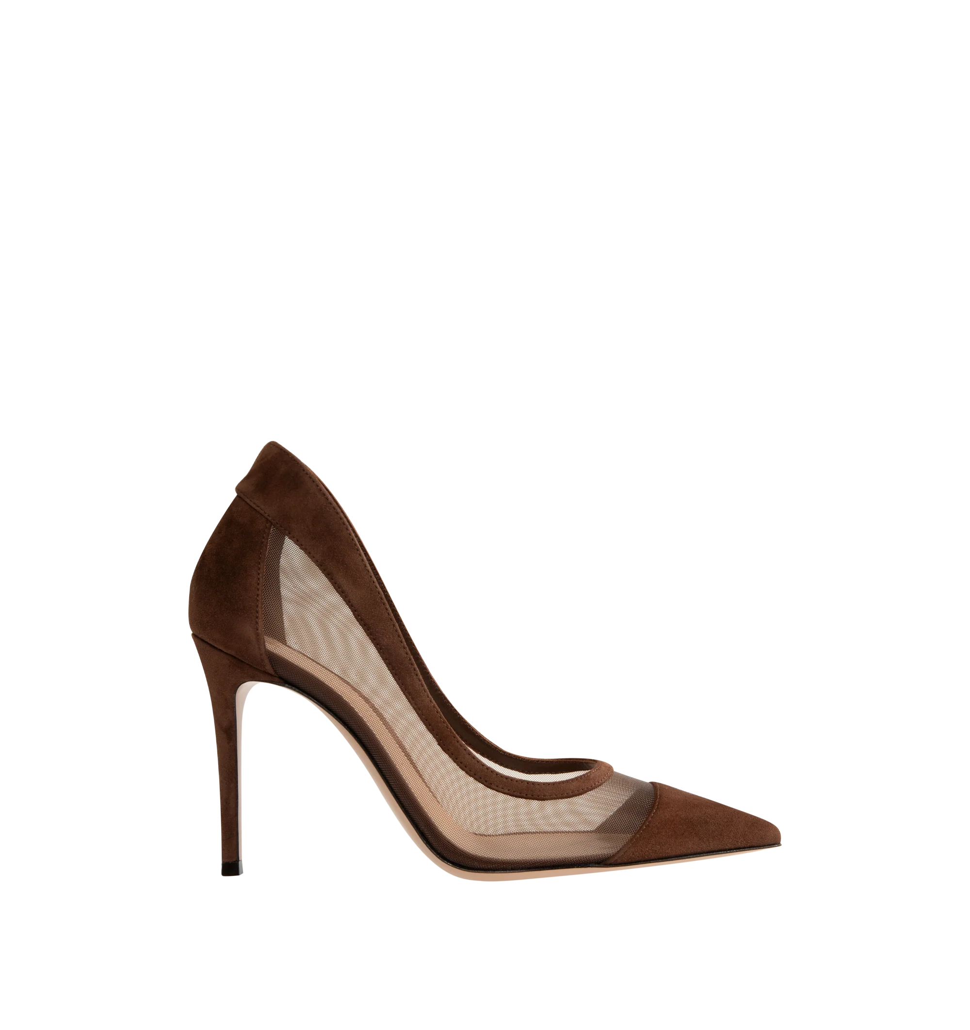 Image 1 of 4 - BROWN - Gianvito Rossi Womens Pumps are crafted from suede and mesh. Feature a pointed toe, stiletto heel, leather and fabric lining, and leather sole. Main Material: Suede, Mesh; Lining: Leather, Fabric; Sole: Leather. Made in Italy. 