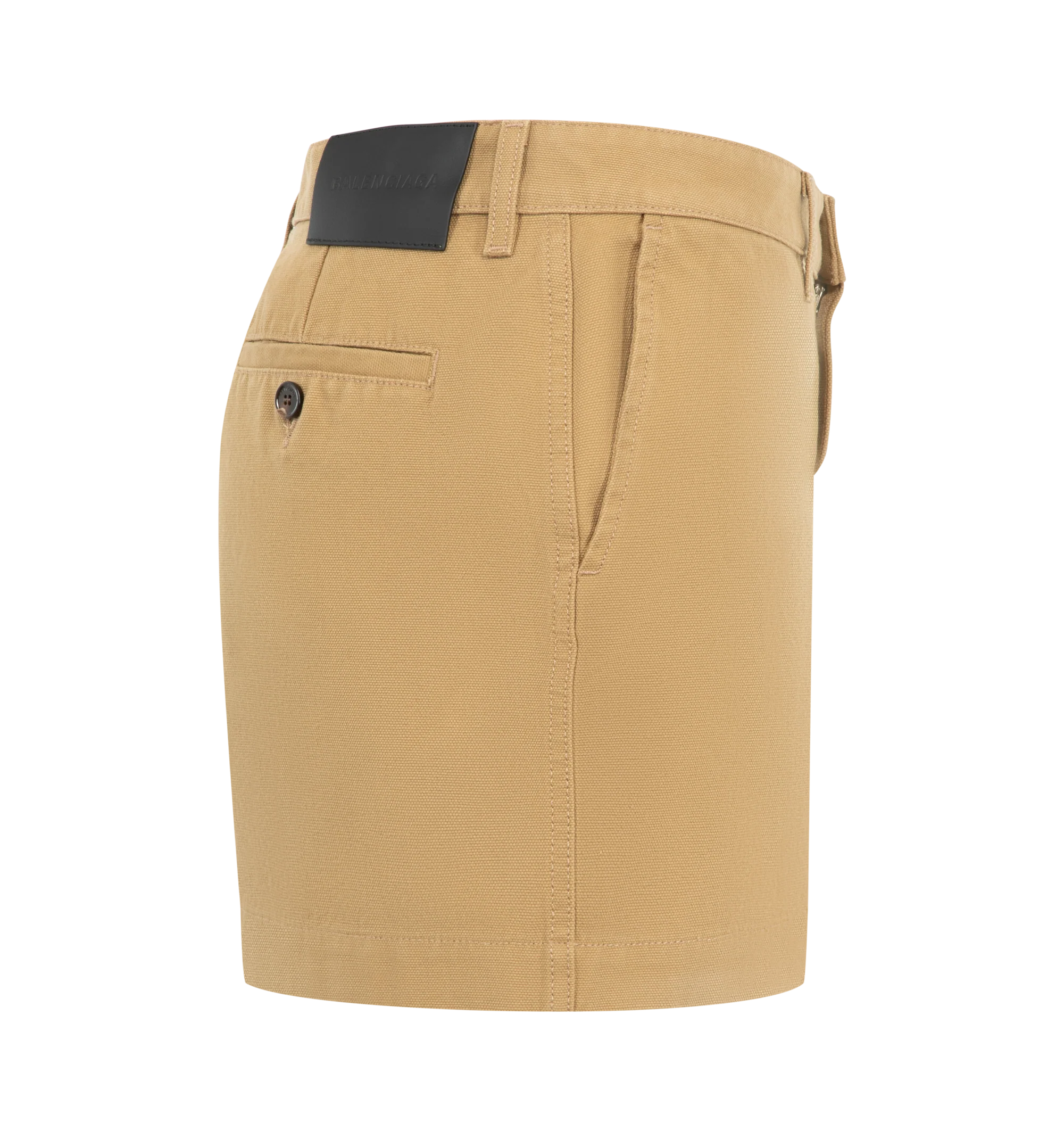 Image 3 of 3 - NEUTRAL - Balenciaga Womens Mini Cotton Skirt is crafted from heavy cotton. Feature a mid-rise waist, covered zip fly, belt loops, front slash pockets, back buttoned welt pocket, and a Balenciaga logo leather patch at the back. Main Material: 100% Cotton; Pocket Lining: 100% Cotton; Trim: Cow Leather. Made in Italy.