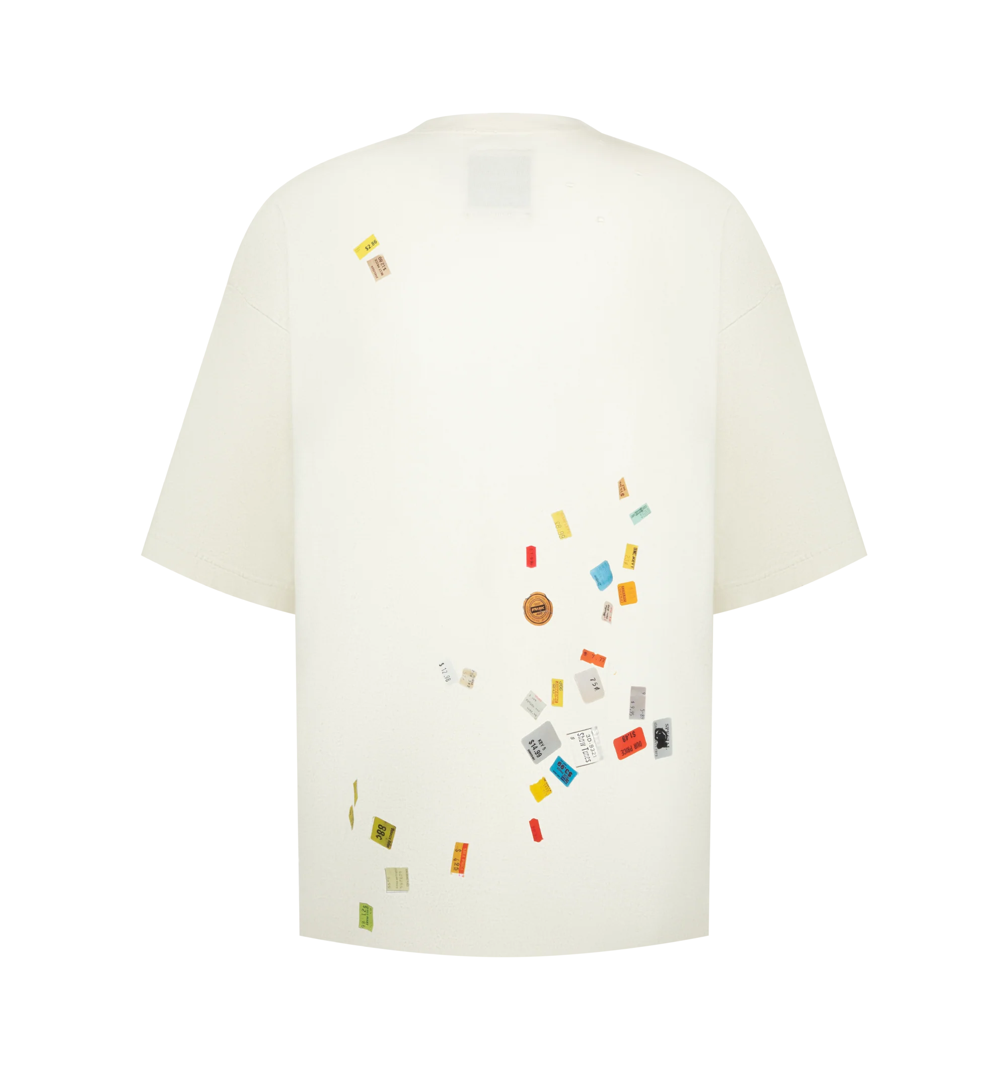 Image 2 of 2 - WHITE - Maison Mihara Yasuhiro Men's Price Sticker T-Shirt is crafted from cotton and features a classic crew neckline, short sleeves, and signature Price Sticker graphic artwork for a bold contemporary look. This designer graphic T-shirt combines premium everyday comfort with Maison Mihara Yasuhiro's distinctive streetwear aesthetic, making it an effortless wardrobe staple. Main Material: 100% Cotton. Made in Japan.