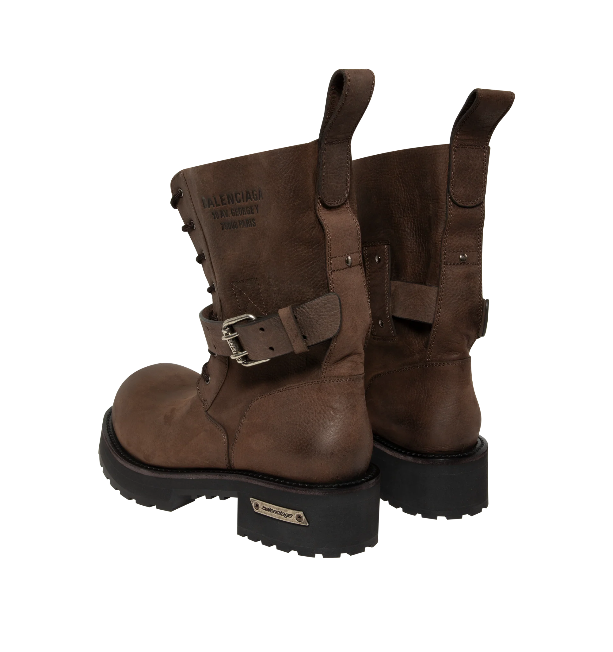 Image 3 of 4 - BROWN - Balenciaga Mens Venom Lace-Up Booties are crafted from grained calfskin leather. Feature a lace-up design, extra round toe, adjustable buckle strap, worn-in finish, debossed logo at the upper, engraved logo plate at the outsole, back pull loop, and thick toothed rubber sole. Main Material: Upper: Calfskin Leather; Sole: TPU; Insole: Calfskin Leather. Made in Italy. 