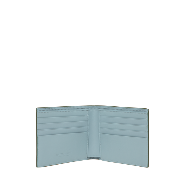 Image 3 of 3 - GREEN - Bottega Veneta Intrecciato Bi-Fold Wallet featuring intrecciato calfskin leather wallet with contrasted interior, eight card slots, two bill compartments, two additional pockets. 3.7 x 4.3 x 0.4. Calfskin. Made in Italy.