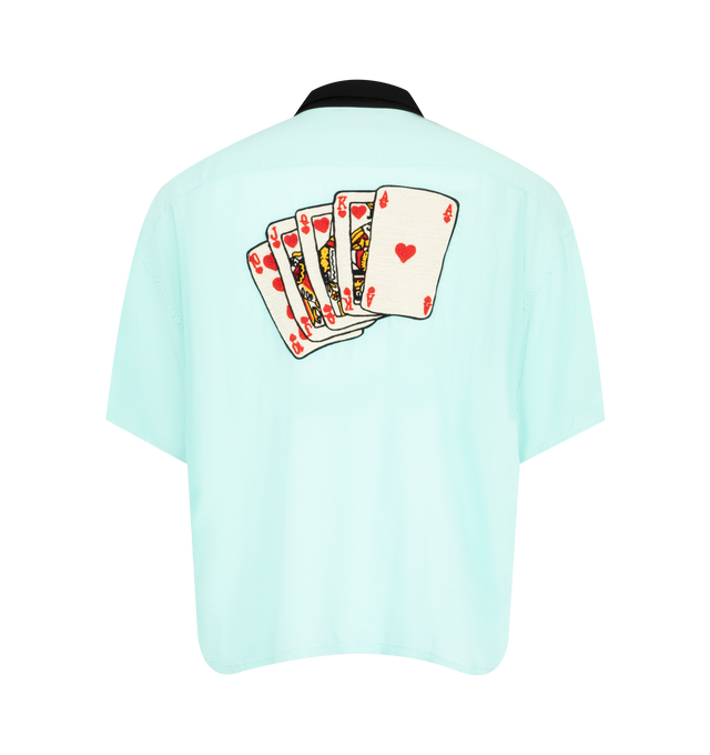 Image 2 of 2 - BLUE - SAINT MICHAEL Trump Bowling Shirt featuring contrast collar, chest embroidery script, two front pockets with black piping, short sleeve button-up and relaxed boxy fit. 100% cotton. Made in Japan. 