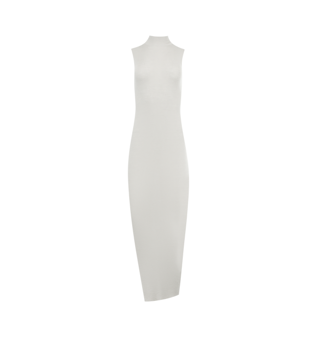 Image 1 of 2 - WHITE - RICK OWENS SL Turtle Midi Dress featuring rib-knit virgin wool midi dress, mock neck, raw edge at hem and slit at side seam. 100% virgin wool. Made in Italy.