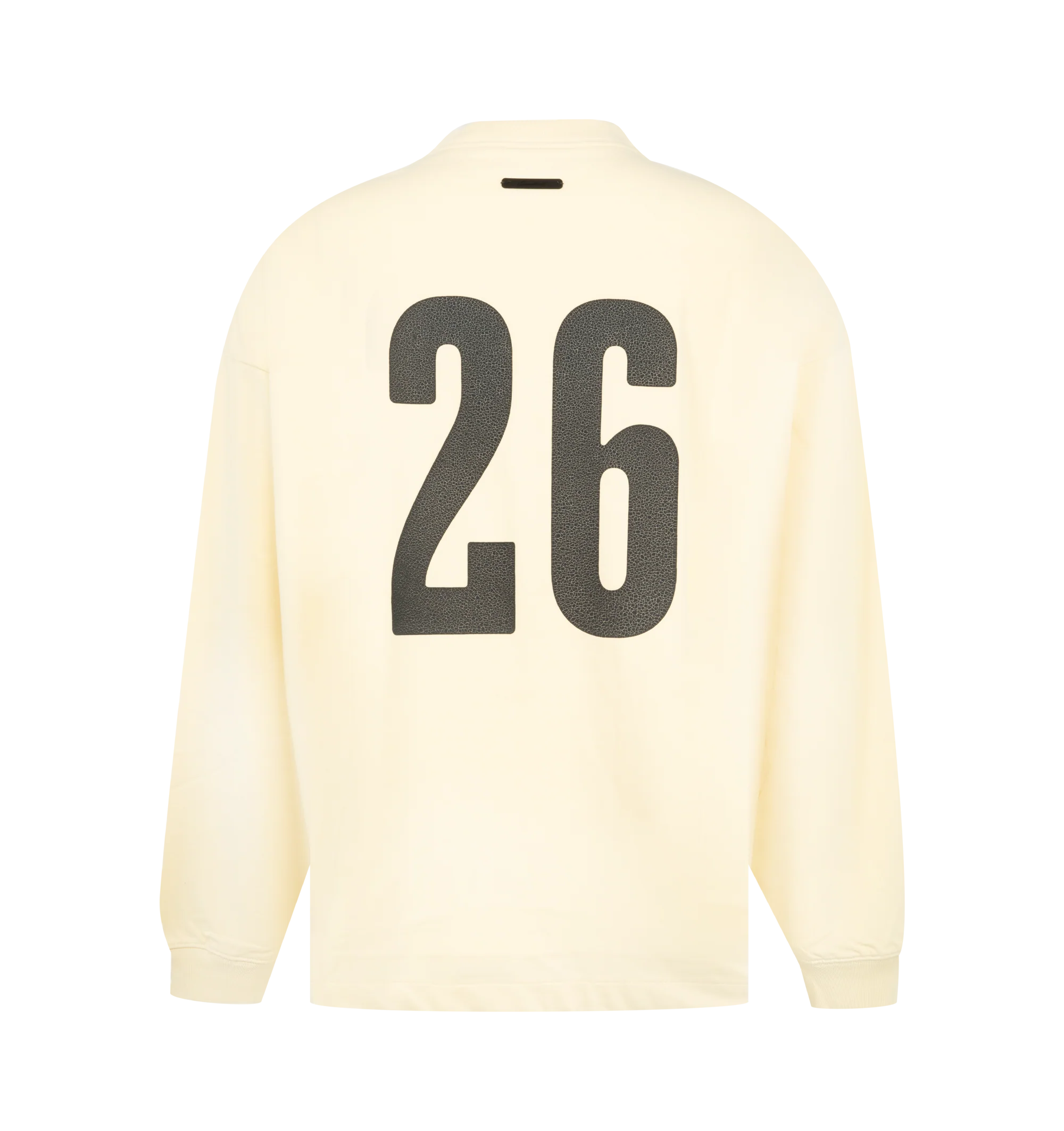 Image 2 of 2 - NEUTRAL - Fear of God Mens Merch Long Sleeve T-Shirt is crafted from heavyweight 300 GSM cotton jersey. Features a boxy relaxed fit, dropped shoulders, ribbed crew neckline and cuffs, crackle-printed Fear of God graphic at the front, crackle-printed "26" graphic at the back, and an Essentials signature label at the back collar. Main Material: 100% Cotton.