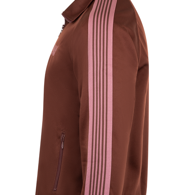 Image 3 of 3 - BROWN - NEEDLES Track Jacket featuring a zipped closure, zipped pockets, striped taping, ribbed trims and embroidered branding. 100% polyester. Made in Japan. 