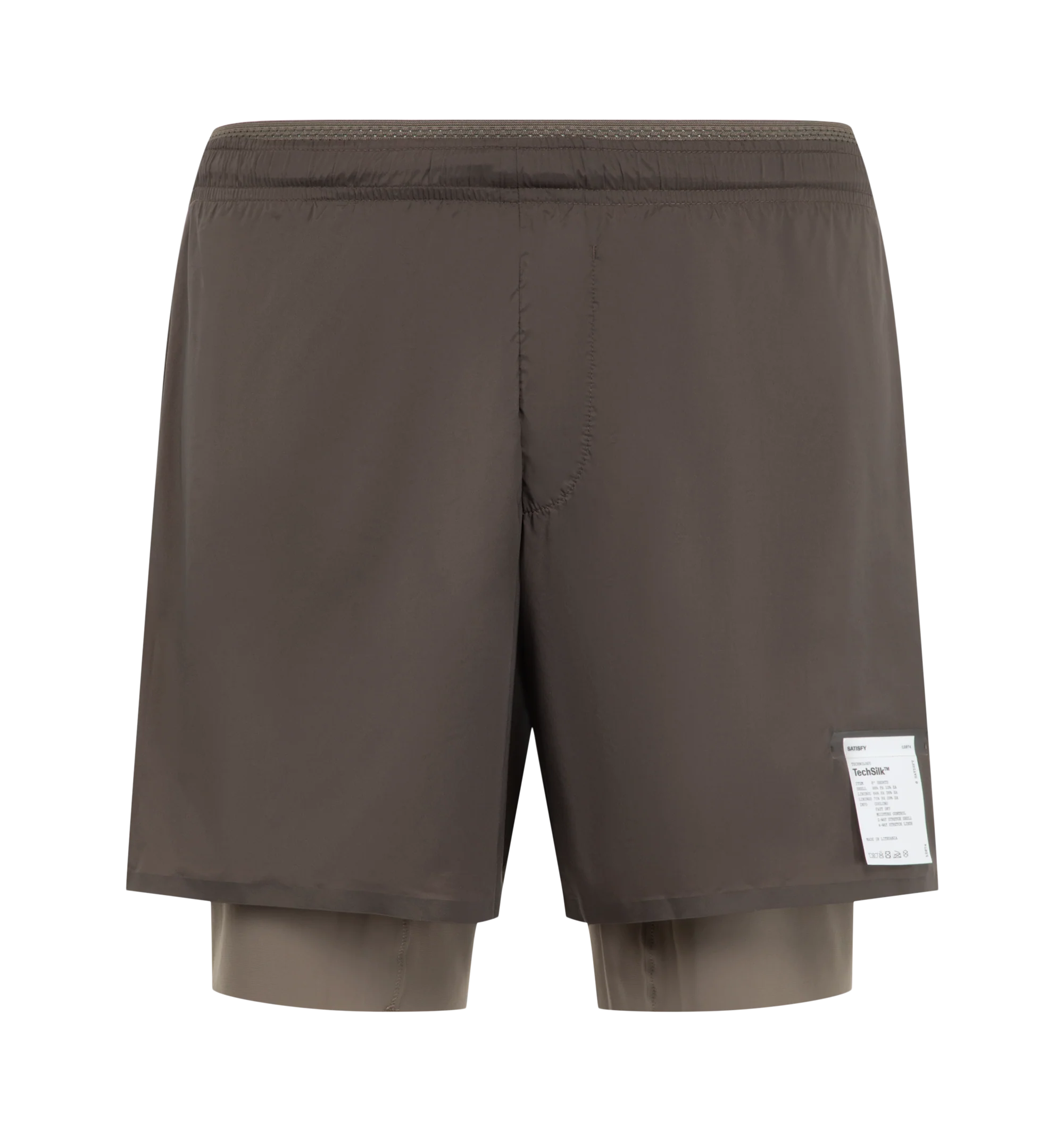 Image 1 of 3 - BROWN - Satisfy Men's TechSilk 8" Shorts are crafted from lightweight French-engineered TechSilk and feature a 5-inch shell paired with an 8-inch Justice TechSilk Evo liner. Designed for long-distance performance, the fast-drying construction is enhanced with Coldblack treatment for cooling, odor control, UV protection, and four-way stretch. Functional details include a sweat-resistant hidden phone pocket, double waistband with internal drawcords, a mini S-Carabiner for keys, and reflective