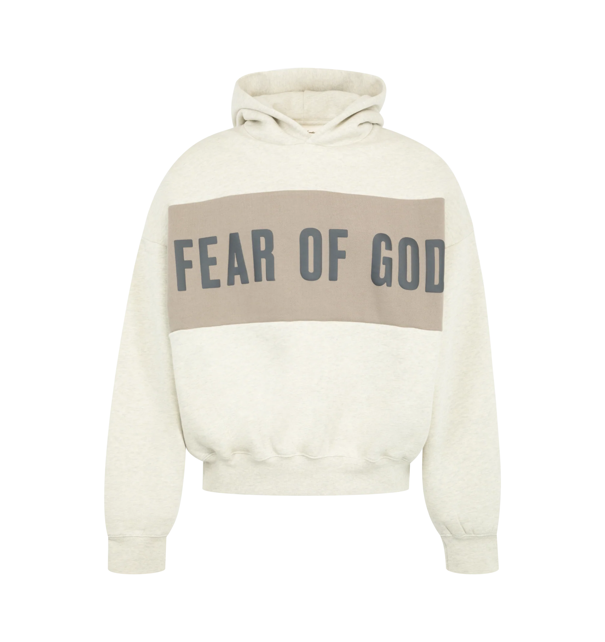 Image 1 of 2 - NEUTRAL - Fear of God Essentials Mens Cropped Relaxed Paneled Hoodie is crafted from heavyweight 380 GSM cotton-blend core fleece. Features a relaxed cropped fit, paneled construction, hood, side pockets, ribbed cuffs and hem, puff-printed Fear of God graphic at the front, puff-printed Essentials graphic at the back, and an Essentials signature label on the hood. Main Material: 80% Cotton, 20% Polyester.