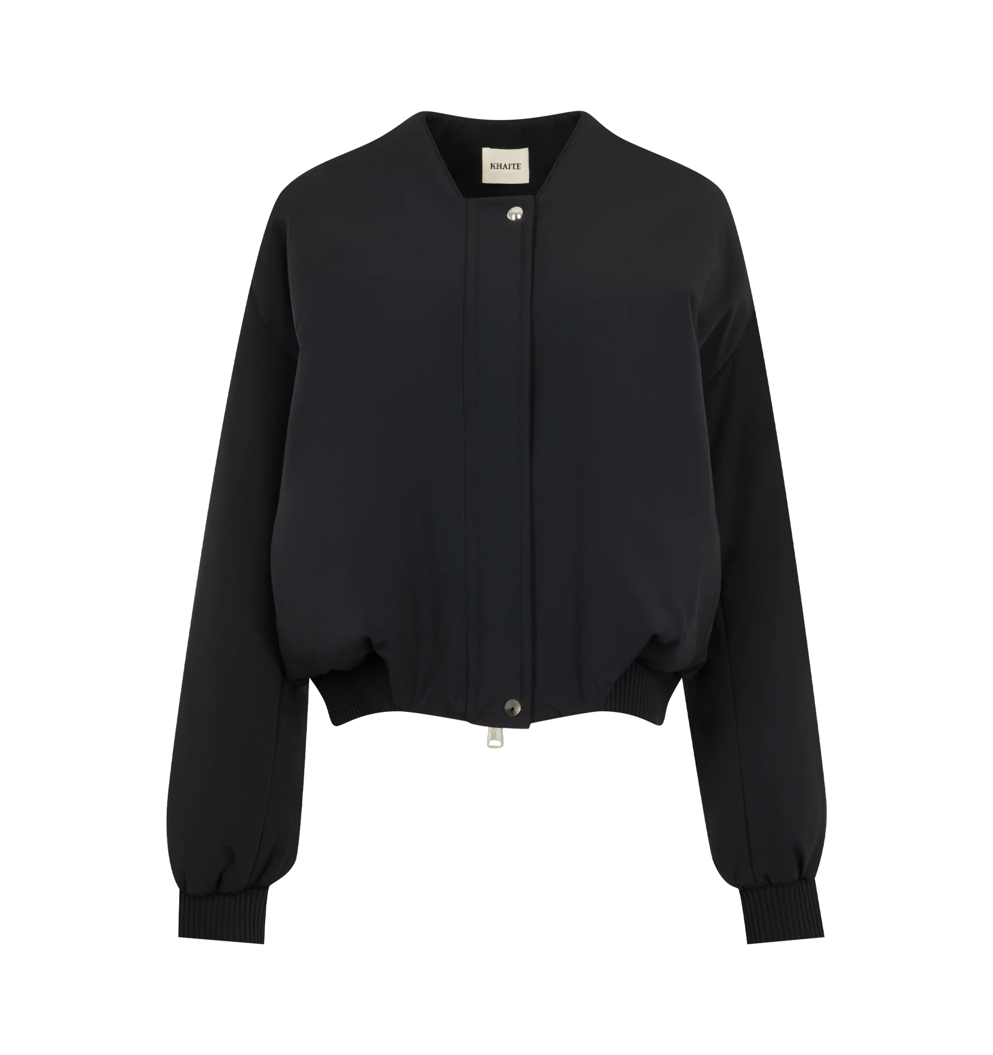 Image 1 of 4 - BLACK - Khaite Womens Cropped Bomber Jacket is crafted from double-face technical nylon. Features a cropped silhouette, front zip closure, rounded shape, signature armhole seaming, topstitched detailing, elasticized cuffs and hem, and in-seam side pockets. Main Material: 57% Nylon, 27% Polyurethane, 16% Elastane. Made in Italy.
