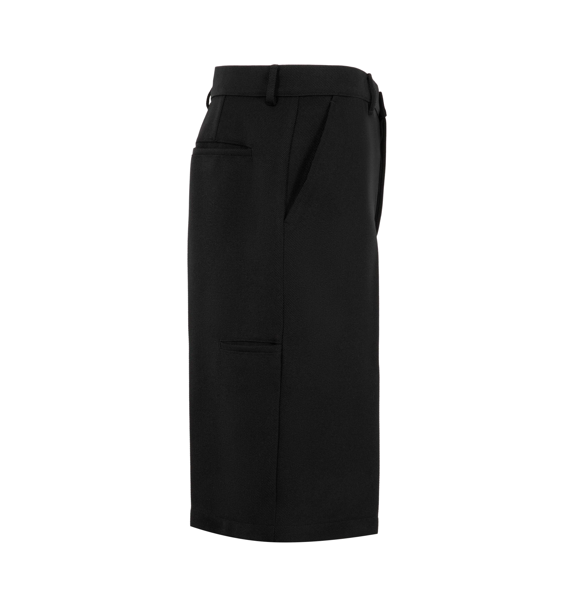Image 3 of 3 - BLACK - Rick Owens Mens Work Shorts are crafted from wool whipcord. Feature a knee-length silhouette, button closure with belt loops, diagonal side pockets, back pockets, pressed front and back creases, and a cupro lining. Main Material: 100% Virgin Wool; Lining: 100% Cupro; Buttons: 100% Buffalo Horn. Made in Italy.