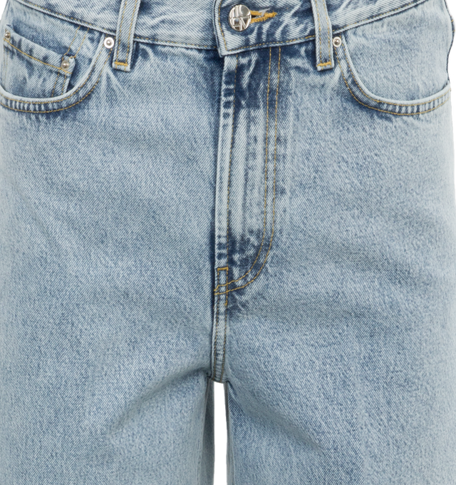 Image 4 of 4 - BLUE - TOTEME Wide Leg Denim featuring high waistline and long, wide legs that are press-creased, belt loops, five pockets and zipper fly. 100% cotton organic. Made in Italy.