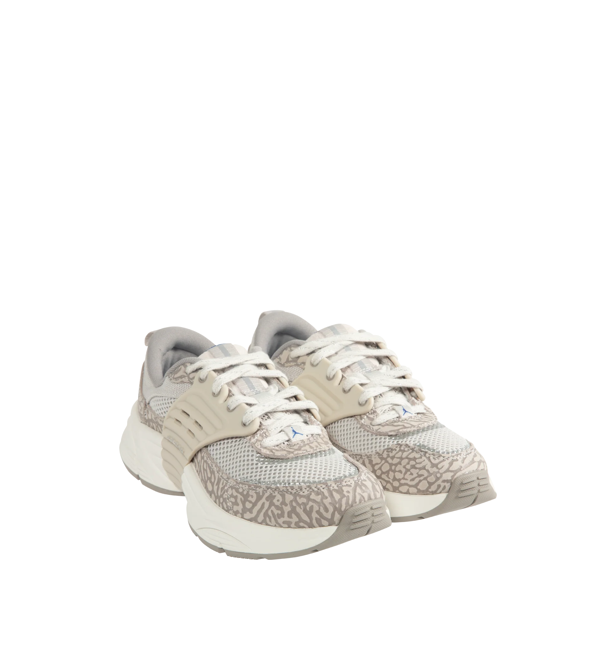 Image 2 of 5 - GREY - Women's Jordan Trunner O/S Sneakers feature a breathable mesh upper with suede overlays and a modern silhouette inspired by the original Jordan Trunner. These lifestyle sneakers combine responsive foam cushioning, molded midfoot support wings, and a durable rubber outsole for lightweight comfort, stability, and everyday traction. Main Material: Mesh and Suede. Midsole: Responsive Foam. Sole: Rubber.