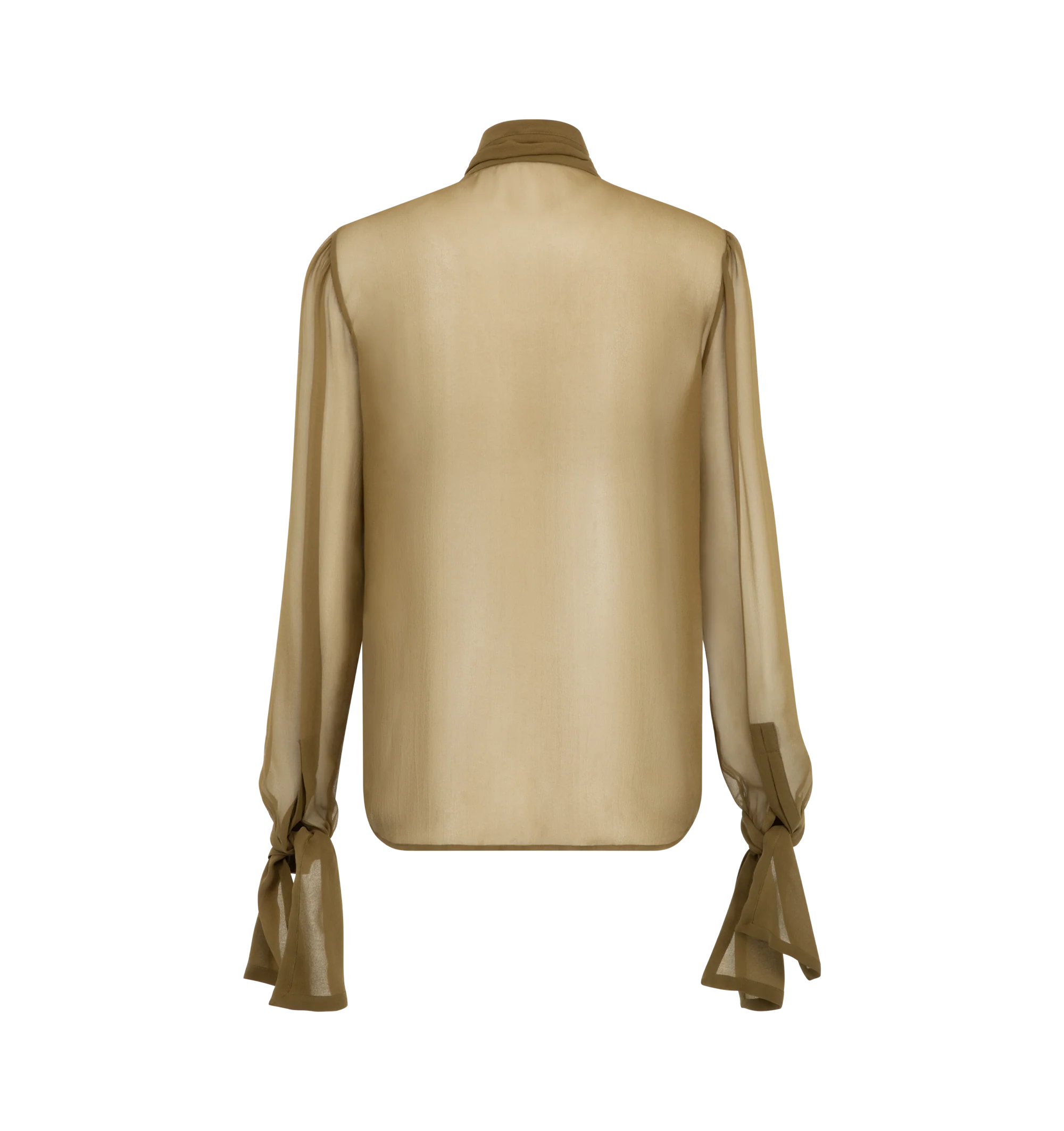 Image 2 of 3 - GREEN - Saint Laurent Women's Tie-Neck Crepe Mesh Silk Blouse is crafted from lightweight silk-crepe muslin and features a slightly loose silhouette with a signaturebow neckline, flowing long sleeves, and self-tie cuffs for an elegant, feminine finish. This designer silk blouse combines sheer, fluid construction with Saint Laurent's timeless Parisian sophistication. Main Material: 100% Silk. Closure: Concealed Front Closure. Made in Italy.