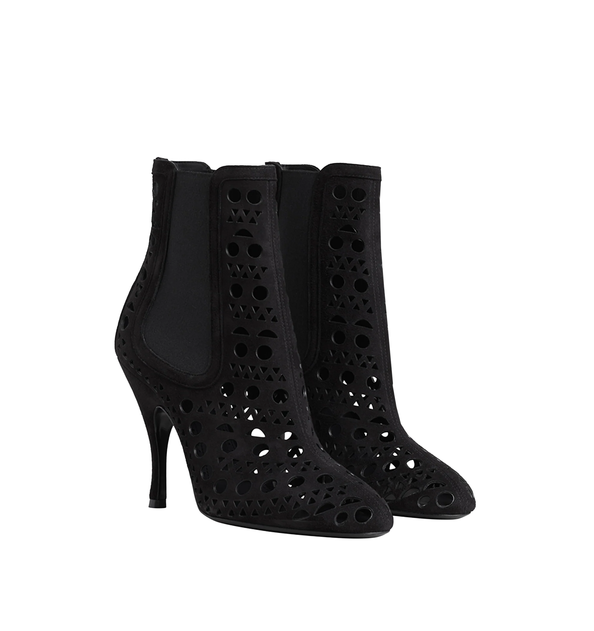 Image 1 of 1 - BLACK - Alaa Women's Heeled Chelsea boots crafted from soft suede leather and detailed with the house's signature Vienne motif in intricate geometric cutouts. The design features a round toe, elasticated side panels, and slender 100mm stiletto heels that create a sleek, elongated silhouette. Heel height: approximately 100mm / 4 inches. Material: leather (suede). Sole: leather insole and sole. Closure: elasticated sides. Made in Italy.