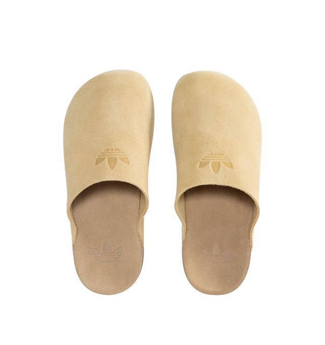 Image 4 of 4 - NEUTRAL - Adidas Adimule Slides features an authentic cork sole paired with a soft suede footbed and upper. Exterior: Leather upper, suede footbed, cork sole, textile lining, durable rubber outsole. Made in Vietnam.