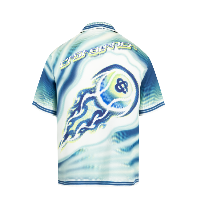 Image 2 of 2 - BLUE - CASABLANCA Flaming Tennis Ball Shirt featuring printed design, cuban collar, single chest pocket, corozo button closure and printed branding. 100% silk. Made in Italy.