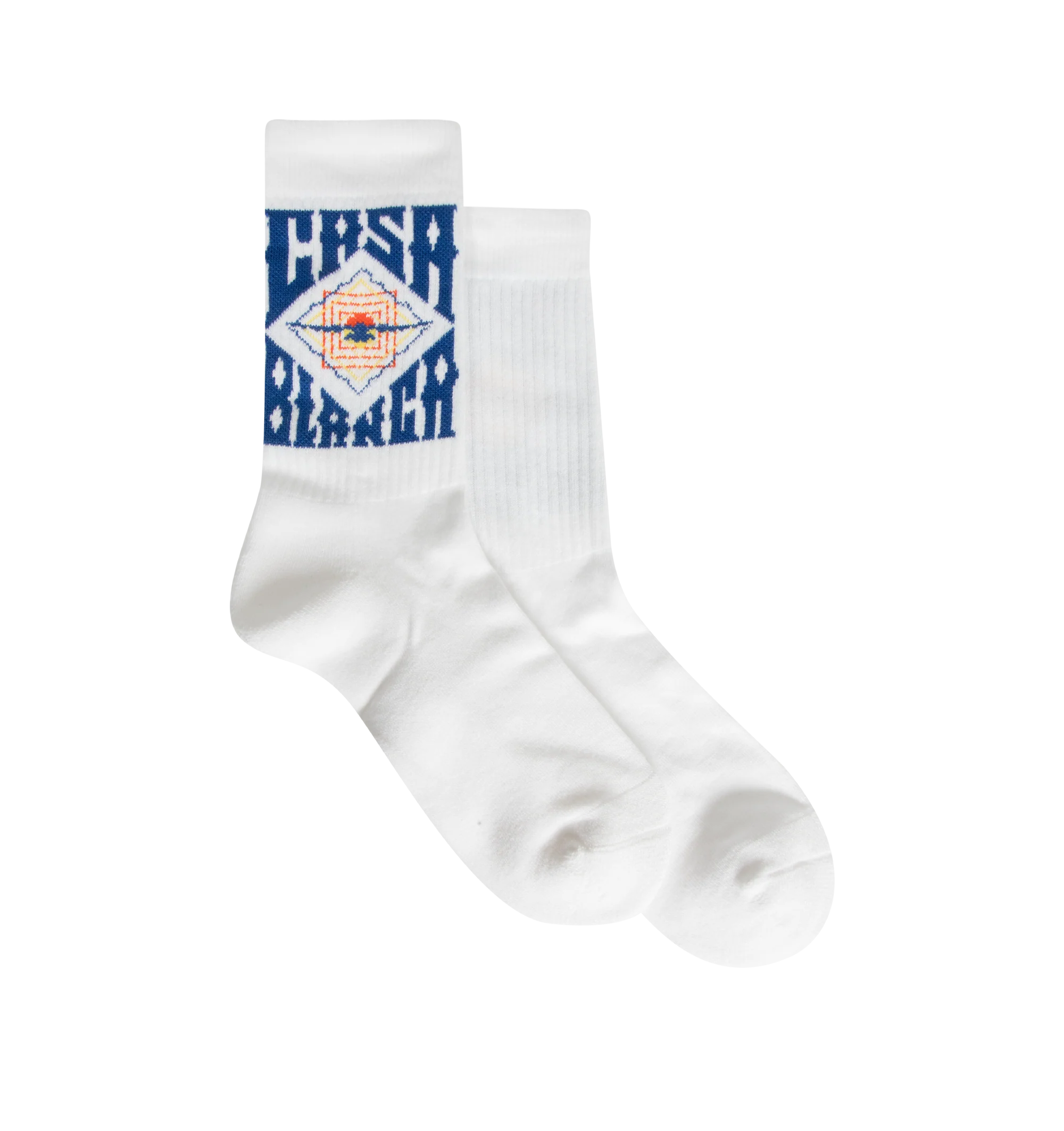 Image 1 of 2 - WHITE - The Casablanca Men's white Hermons Mirage Socks are a sports design crafted from a cotton blend, featuring the house's Casa artwork and signature diamond logo. 87% recycled cotton 12% polyamide 1% elastane. Made in Portugal