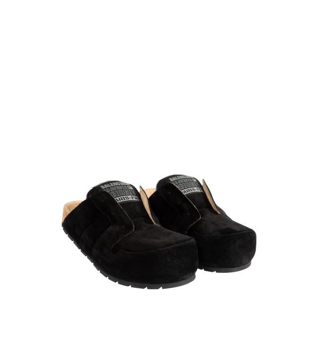 Image 2 of 4 - BLACK - BALENCIAGA Dumbo Mule featuring suede calfskin, worn-out effect, round toe, visible tone-on-tone top-stitching, Balenciaga and 10 AV George V Paris logo patch on the tongue and cork-covered sole. Calfskin. Made in Italy.