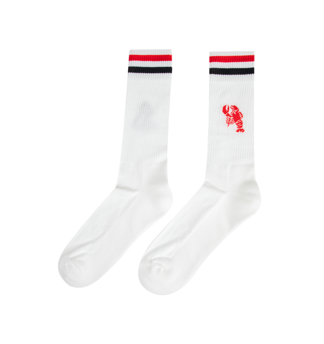 Image 2 of 2 - WHITE - THOM BROWNE RWB Funmix Athletic Socks featuring mid-calf length, RWB stripe, sailboat intarsia on one side and lobster intarsia on the other and signature striped grosgrain loop tab. 77% cotton, 22% polyamide, 1% elastane. Made in Italy. 
