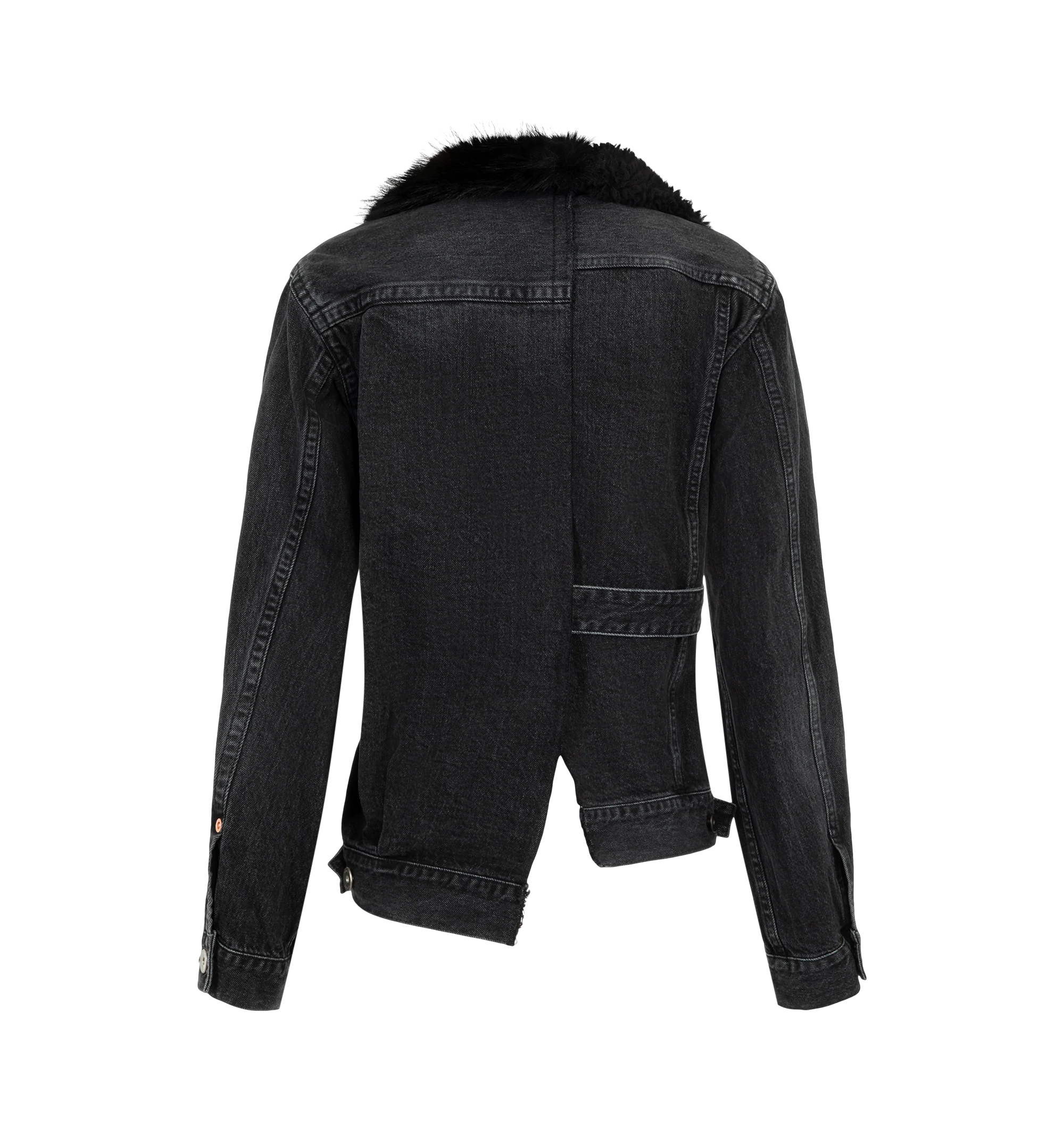 Image 2 of 2 - BLACK - Sacai Women's faux fur-trimmed cinched denim jacket featuring an asymmetric button placket and a plush black collar. Material: Cotton Denim, Polyester Faux Fur. 
