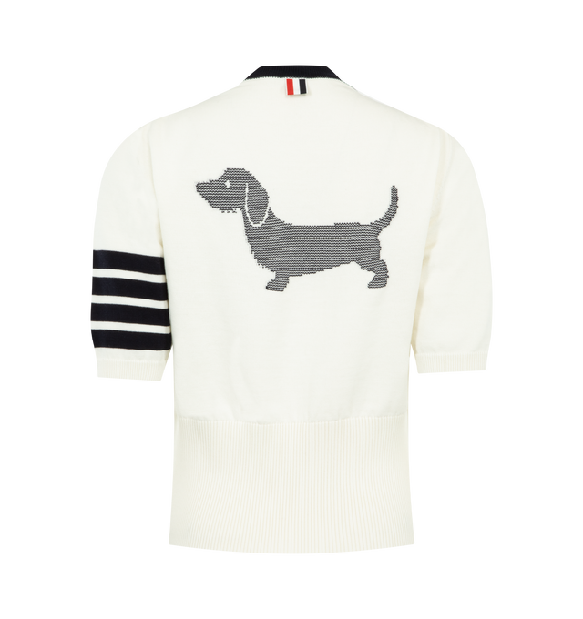 Image 2 of 2 - WHITE - THOM BROWNE Jersey Hector Intarsia 4 Bar Tee featuring ribbed neckline, cuffs, and hem, Hector intarsia on back, contrast collar, 4-bar detailing and signature striped grosgrain loop tab. 100% cotton. Made in Italy.