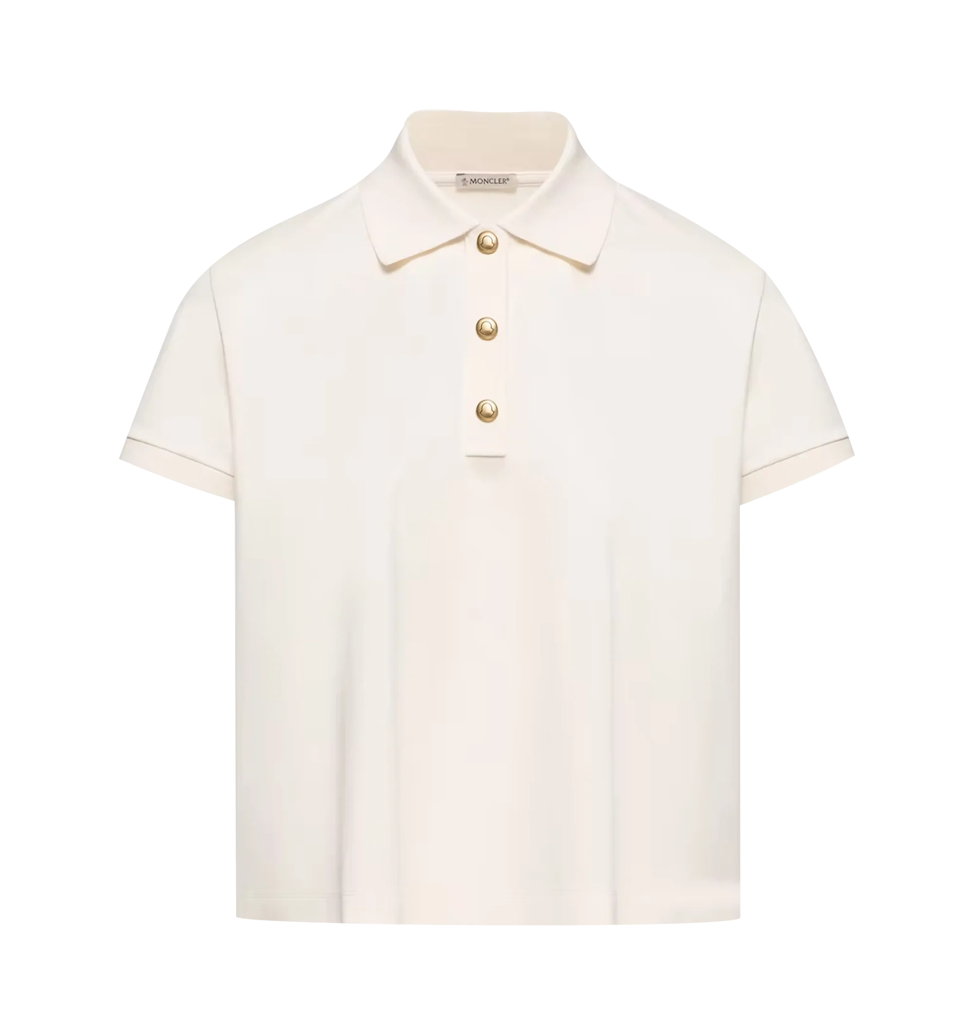 Image 1 of 1 - NEUTRAL - Moncler Women's Polo Shirt featuring cotton material, collar, short sleeves, snap button closure, striped cuffs and logo patch. 100% cotton.