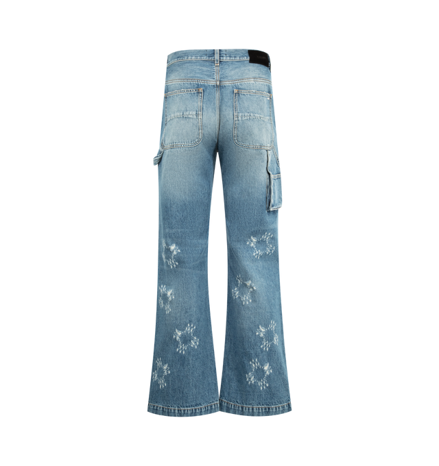 Image 2 of 3 - BLUE - AMIRI MA Quad Carpenter Jean featuring belt loops, five-pocket styling, reinforced panel at knees, hammer loop at outseam and flare leg. 100% cotton. Made in Italy.