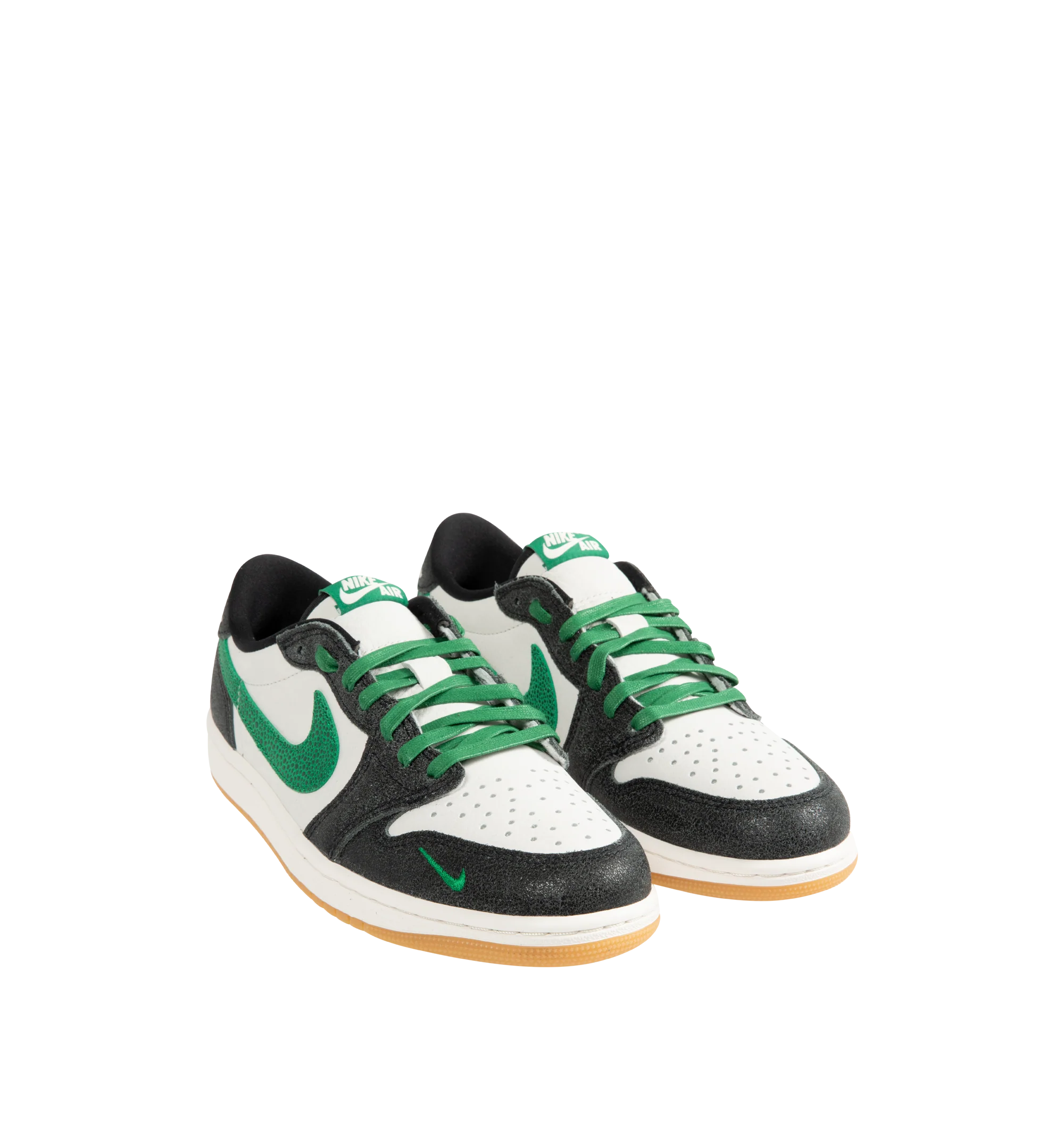 Image 2 of 5 - GREEN - Men's Air Jordan 1 Retro Low OG "Phantom and Pine Green" Sneakers feature a genuine leather upper with the iconic low-top silhouette for a timeless heritage look. These lifestyle sneakers combine encapsulated Air-Sole cushioning with a durable rubber outsole for lightweight comfort, lasting support, and reliable traction. Main Material: Genuine Leather. Midsole: Encapsulated Air-Sole Unit. Sole: Rubber.