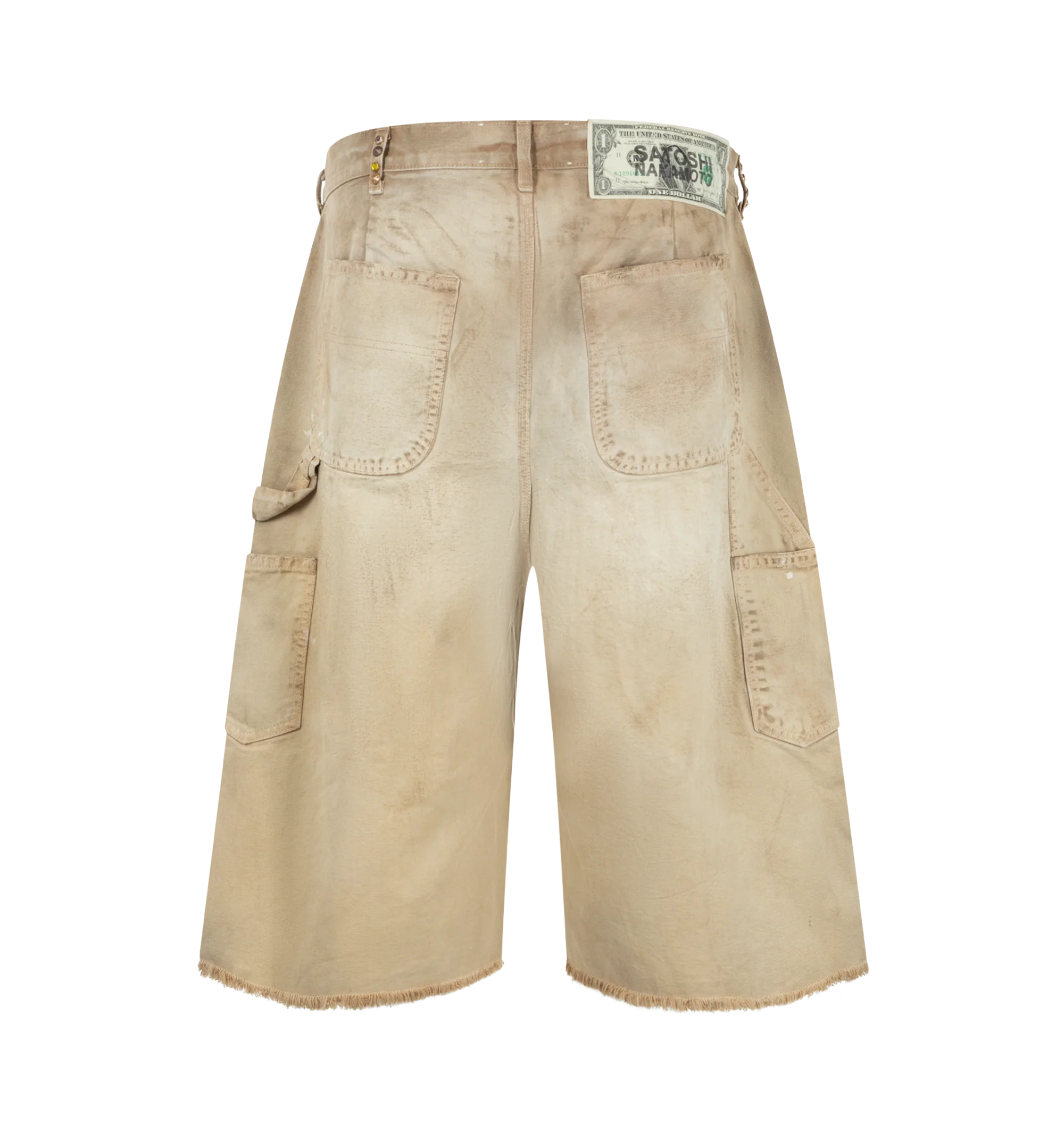 Image 2 of 3 - NEUTRAL - Satoshi Nakamoto Danny's Carpenter Shorts feature distressed details, stud embellishments, and paint splatters. Main material: 100% Cotton.