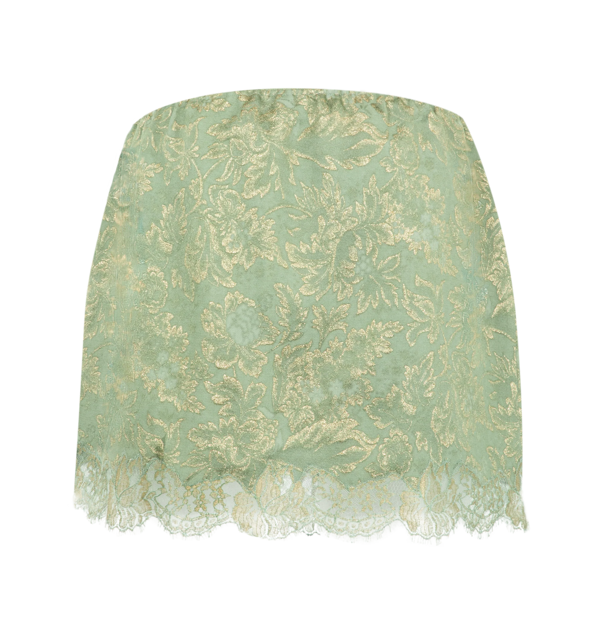 Image 2 of 3 - GREEN - Saint Laurent mini skirt with an elasticized waist, decorated with a metallic floral jacquard motif and scalloped lace hem. Crafted from certified viscose with silk lining. Made in Italy.