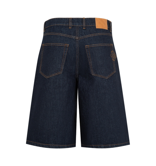 Image 3 of 5 - BLUE - CASABLANCA Denim Shorts featuring non-stretch denim shorts, belt loops, five-pocket styling, zip fly, logo patch at back waist and logo-engraved gold-tone hardware. 100% cotton. Made in Italy.