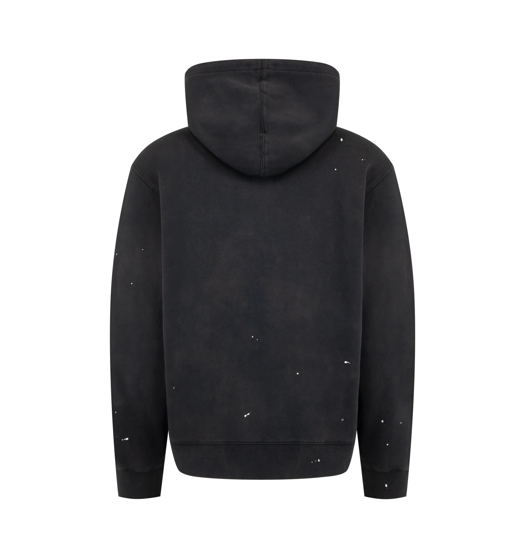 Image 2 of 2 - BLACK - CARHARTT WIP Hooded Painter Jacket featuring heavyweight cotton jersey with a brushed, fleece-like backing, boxy fit, dropped shoulders, ribbed trims, intentionally distressed, worn-in finish with paint accents throughout and an embroidered Script Logo appears on the chest. 100% cotton sweat. 