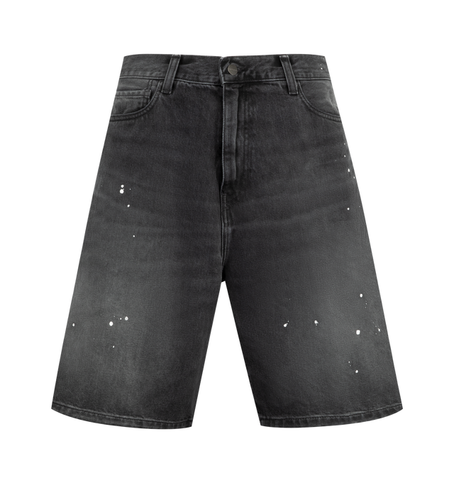 Image 1 of 3 - BLACK - CARHARTT WIP Landon Short featuring a loose fit with a regular waist from heavyweight cotton denim, intentionally distressed, worn-in finish with paint accents throughout and woven Square Label appears on the back pocket. 100% cotton.