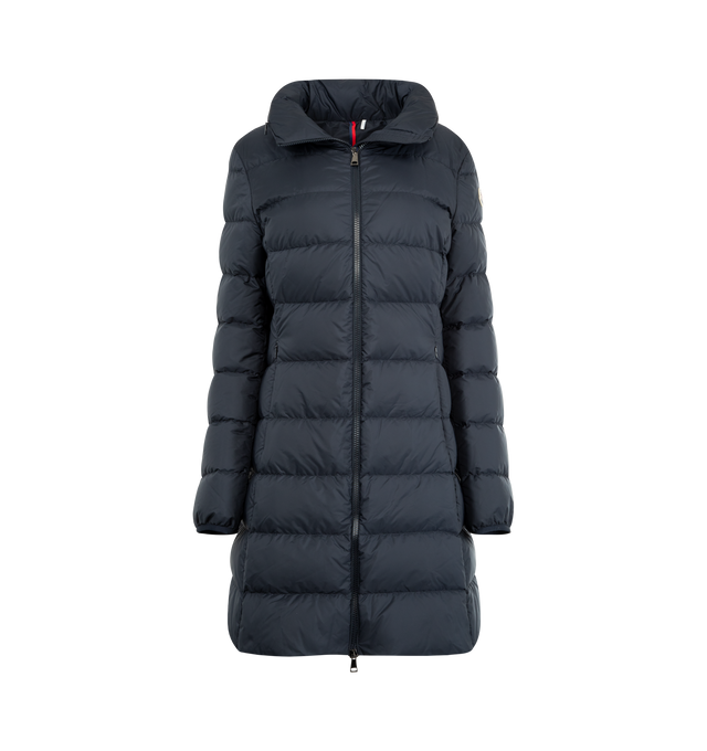 Image 2 of 4 - NAVY - MONCLER Gie Hooded Long Down Jacket featuring rainwear lining, down-filled, pull-out hood with concealed zipper, zipper closure, zipped pockets and felt logo. 100% polyamide/nylon. Padding: 90% down, 10% feather.