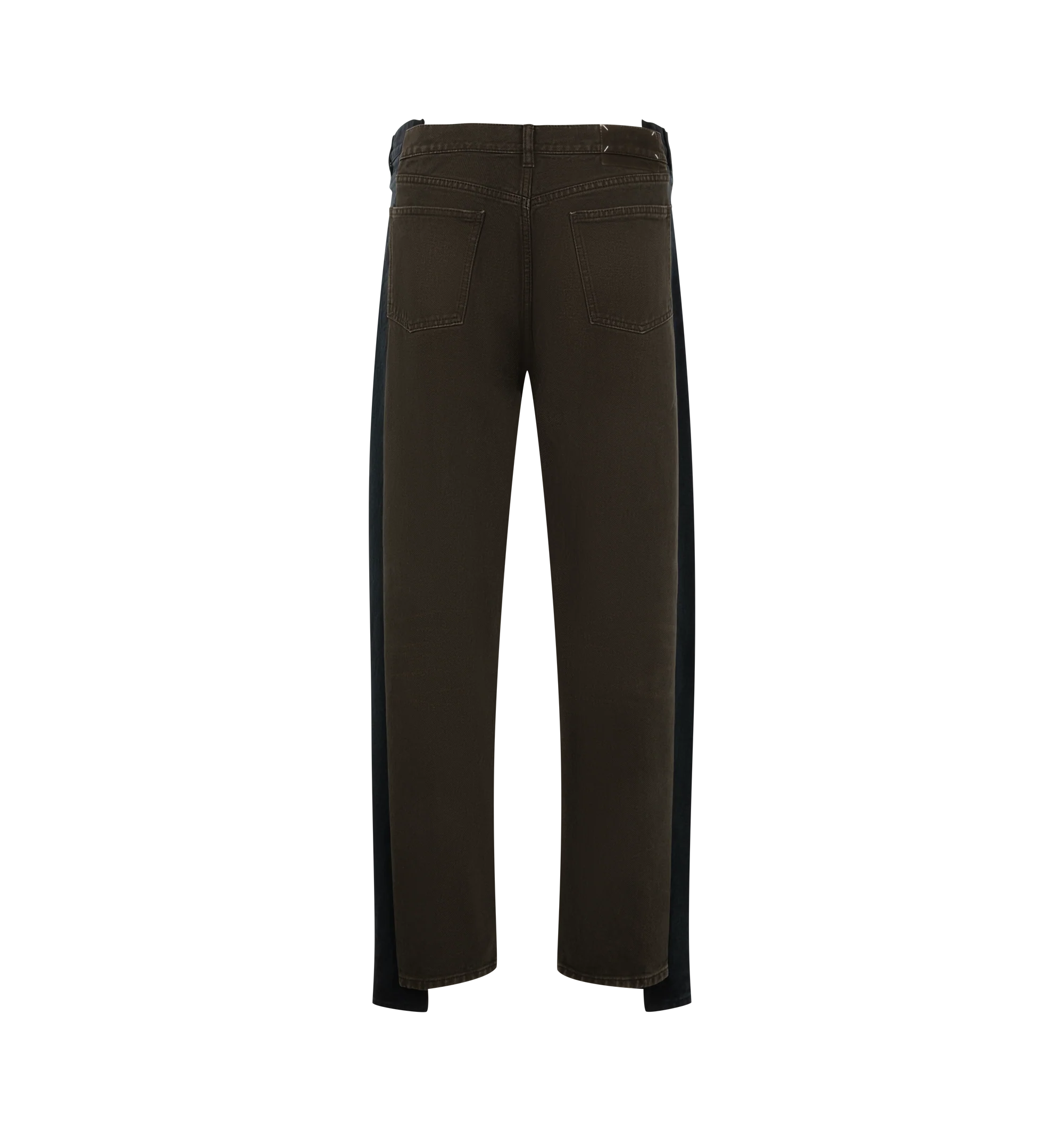 Image 2 of 3 - MULTI - Maison Margiela Men's Straight-Leg Spliced Denim Jeans are crafted from cotton denim using the brand's Assemblage technique and feature a full-length straight-leg silhouette, contrasting blue-black side panels, five-pocket construction, a zip and button closure, and the signature four white stitches at the back. This designer denim combines innovative layered construction with timeless styling for elevated everyday wear. Main Material: 100% Cotton. Made in Italy.