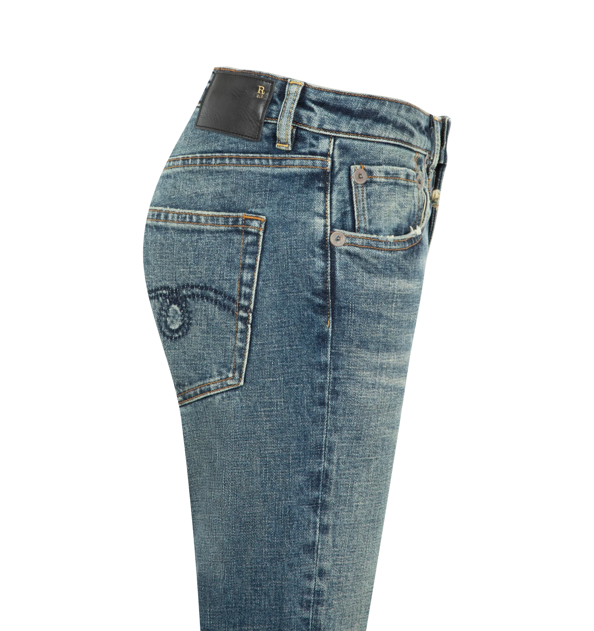 Image 3 of 3 - BLUE - R13 Womens Kick Flare Jeans are crafted from mid-weight Japanese black stretch denim and feature a relaxed fit with flared legs from the knee to the hem. Finished with a vintage dark black wash and subtle grinding throughout. Main Material: 98% Cotton, 2% Polyurethane. Imported. 