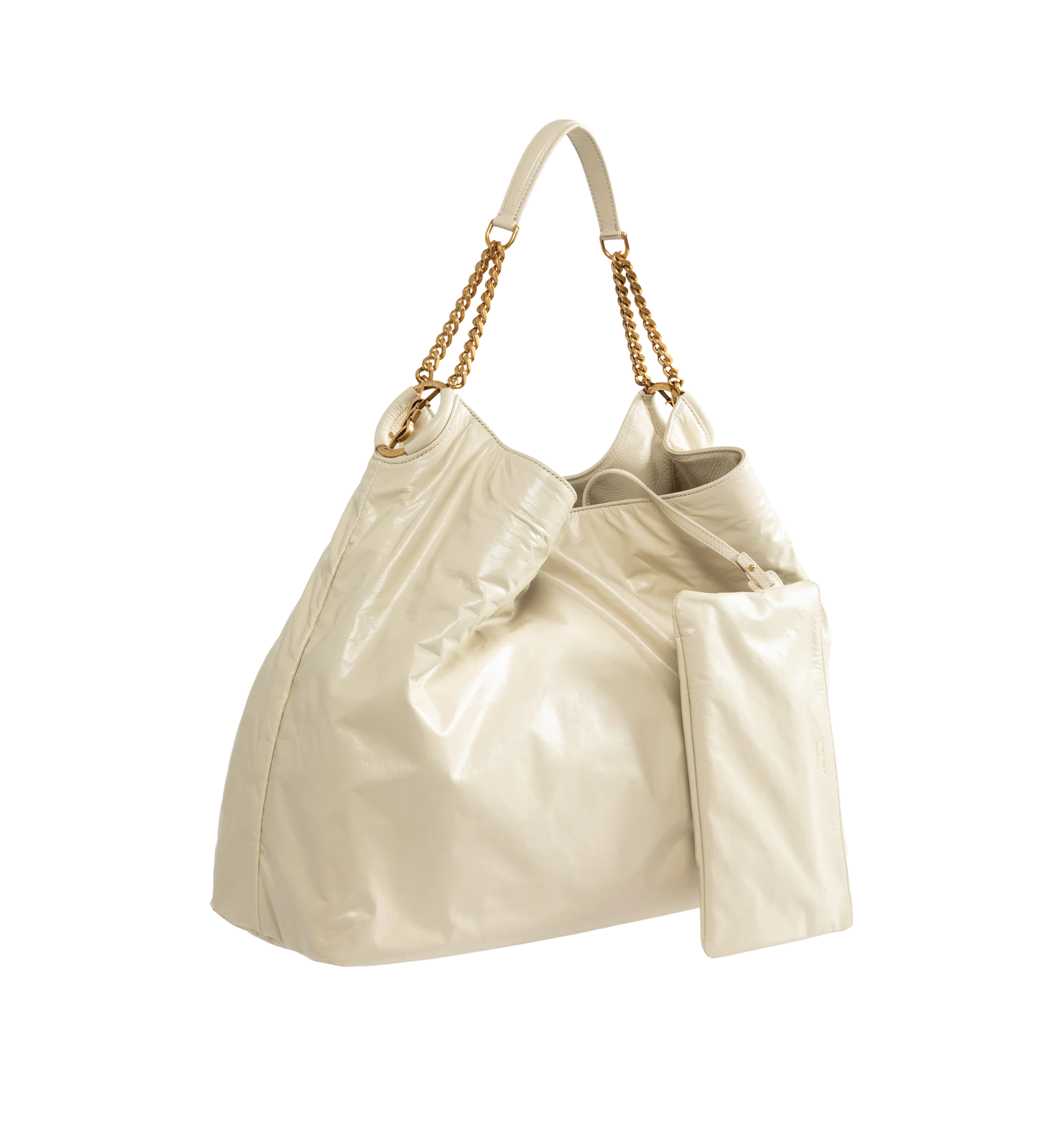 Image 2 of 4 - NEUTRAL - Saint Laurent Womens Hobo Bag is crafted from lustrous calfskin leather. Features a slouchy silhouette, signature Cassandre ring detail, shoulder strap, magnetic closure, removable zip pouch, suede lining, and bronze-tone hardware. Main Material: Calfskin Leather; Lining: Suede; Hardware: Brass. Made in Italy. 