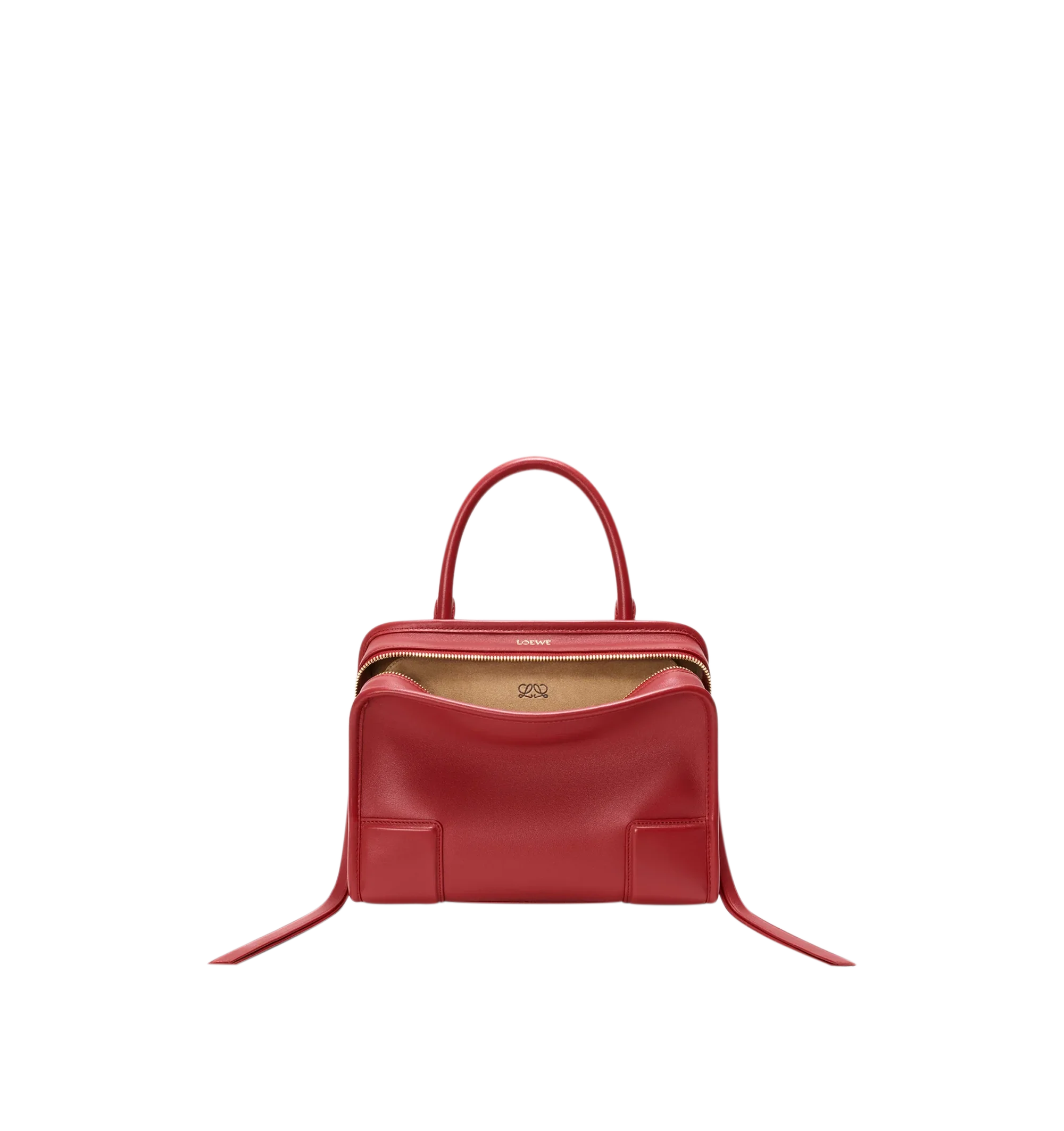 Image 1 of 18 - RED - Loewe Small Amazona 180 Bag in leather features a relaxed silhouette anchored by a single toron top handle, designed to be carried open, while a concealed closure secures the main compartment, three carry options: short handle, removable shoulder strap and crossbody, zip closure with two leather zip pullers, two compartments, main compartment closed with magnetic closure, internal flat pocket, left side d-ring for customization, nappa lambskin lining, and embossed double L branding. Le