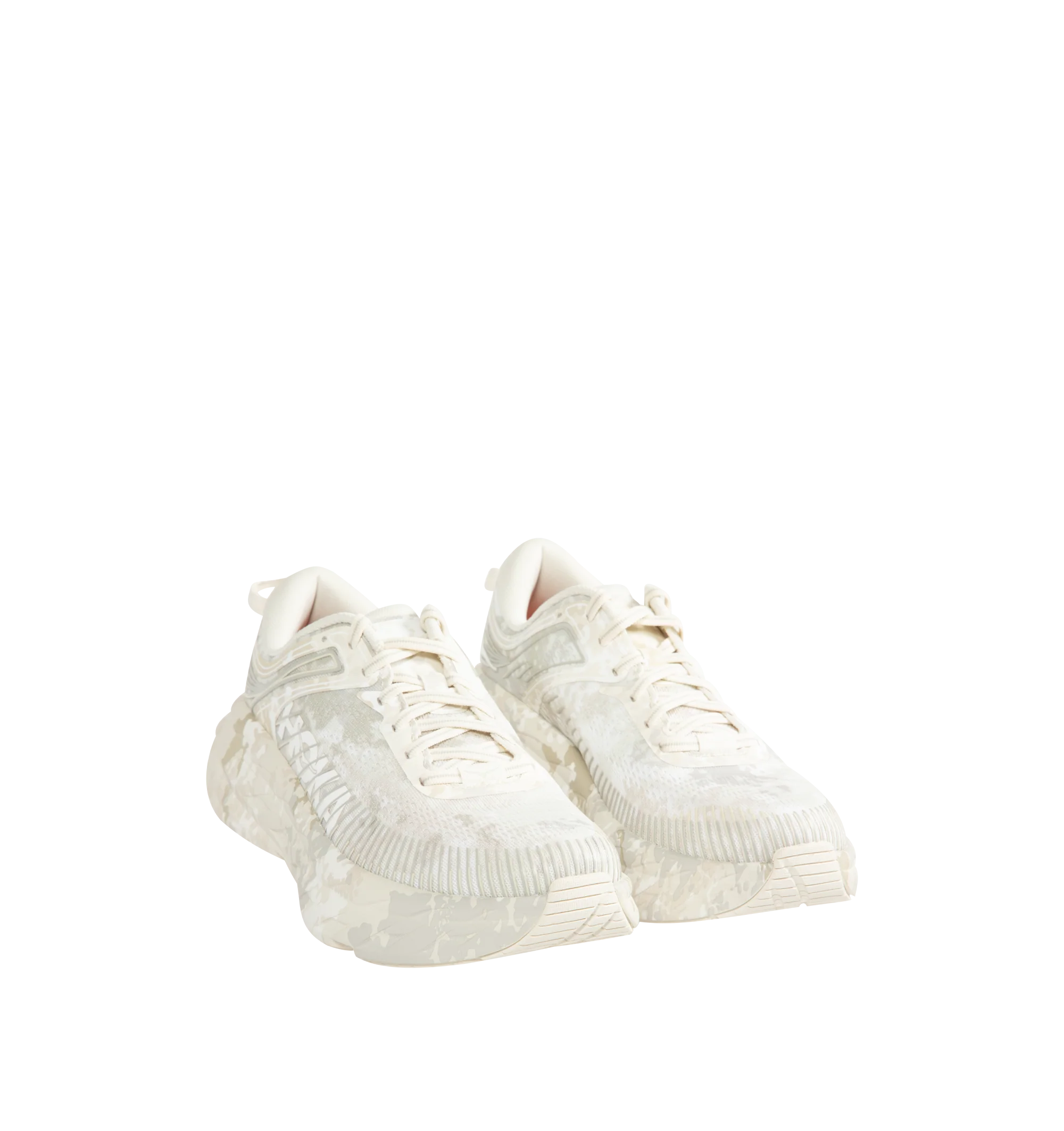 Image 2 of 5 - WHITE - Hoka Unisex Bondi 7 Beams Sneakers reinterpret the ultra-cushioned silhouette with a custom camouflage upper inspired by Japanese Zen gardens. The vegan open-mesh construction features a memory foam collar, TPU overlays, 3D-printed logos, a reflective secondary lace, and a lace keeper. Upper: Vegan Mesh and TPU. *Unisex style in men's sizing. 
