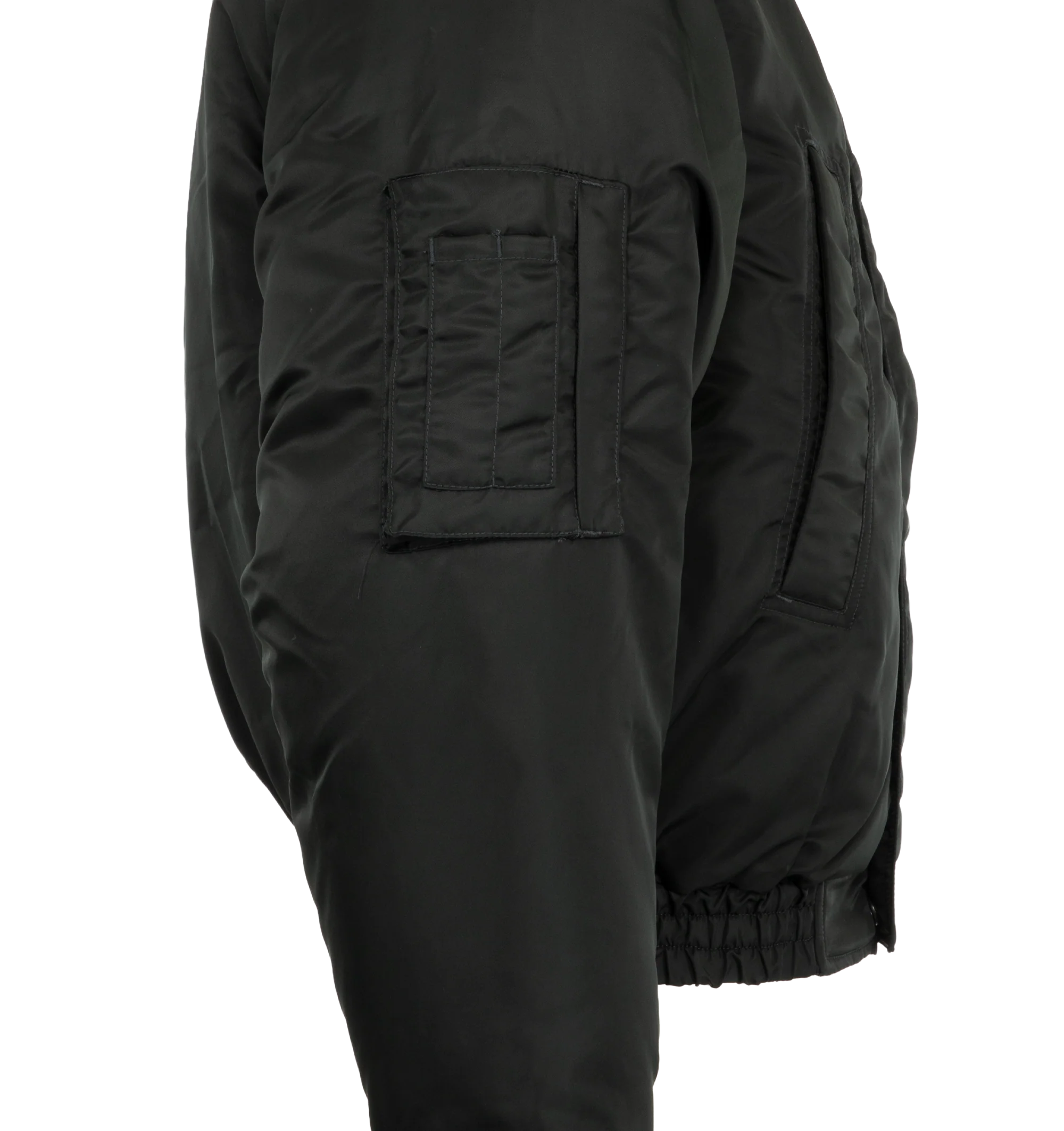 Image 3 of 3 - GREEN - Canada Goose Men's Windrow Bomber is crafted from durable recycled poly twill and features an intentionally oversized, hip-length silhouette designed for flexible all-season wear. Filled with 750 fill power responsibly sourced down, this bomber is equipped with an adjustable hood, concealed snap placket over a front zip closure, rib-knit cuffs and hem, and adjustable snap cuffs to help retain warmth. Functional details include a bicep pocket on the right sleeve, two exterior welt pock 