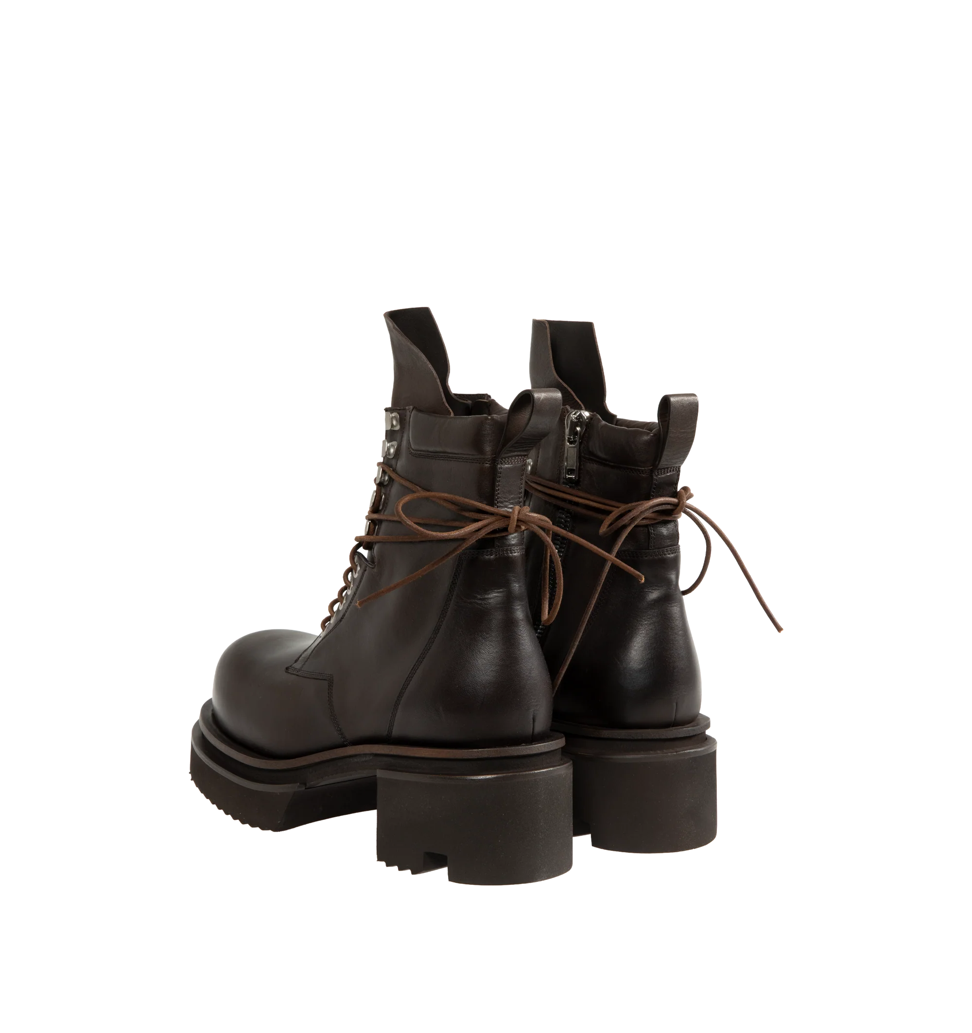 Image 3 of 4 - BROWN - Rick Owens Men's Laceup Bogun Boots are crafted from washed calf leather and feature a mid-calf silhouette with long wraparound laces, a rounded toe, and the brand's signature Bogun rubber mega creeper sole. Designed with eyelets and hooks, angled topstitched panels, an inner-leg zip closure, a back pull tab, and a toothed square heel for a bold, architectural look. Main Material: 100% Calf Leather. Lining: 100% Calf Leather. Insole: 100% Calf Leather. Intersole: 100% Cow Leather. Sol