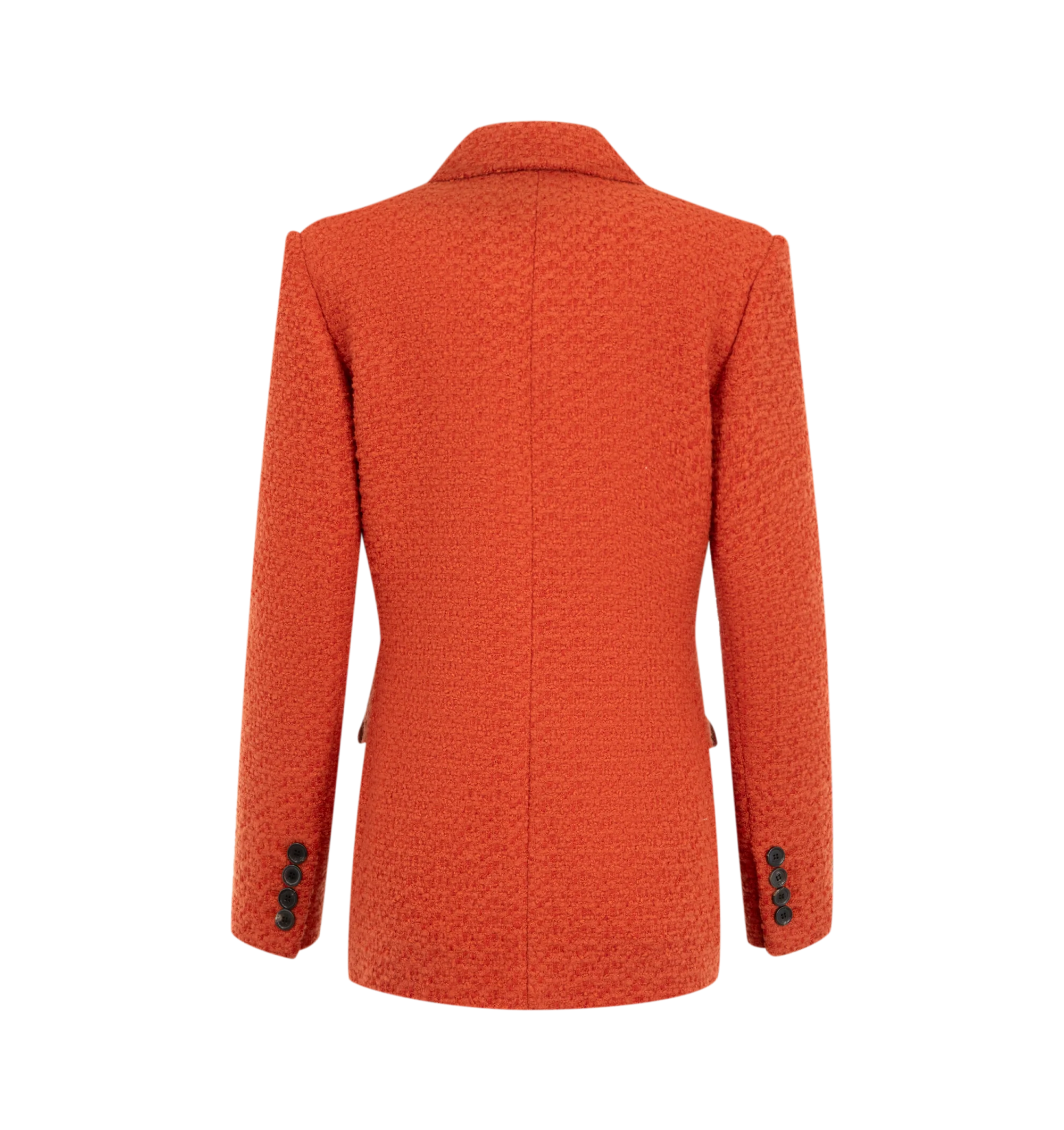 Image 2 of 2 - ORANGE - Saint Laurent Womens Single-Breasted Jacket is crafted from a certified wool blend. Features a single-breasted four-button closure, notched lapels, padded shoulders, four-button cuffs, two buttoned flap chest pockets, two front patch pockets with button flaps, and silk lining. Main Material: Wool, Polyamide; Lining: Silk. Made in Italy. 