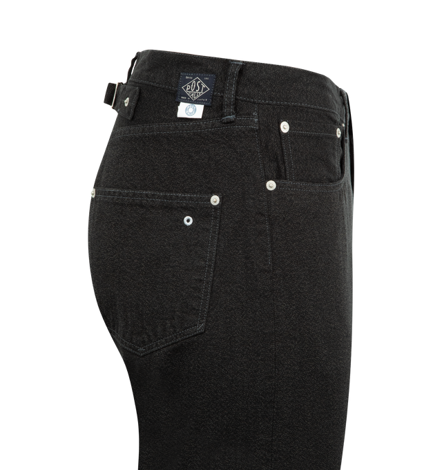 Image 3 of 3 - GREY - POST O'ALLS No. 10 Five Pocket Jean featuring a moderately loose silhouette, a back strap at the waist, exposed rivets on the hip pockets, 5 pocket style and button zip closure. 100% cotton. Made in Japan.
