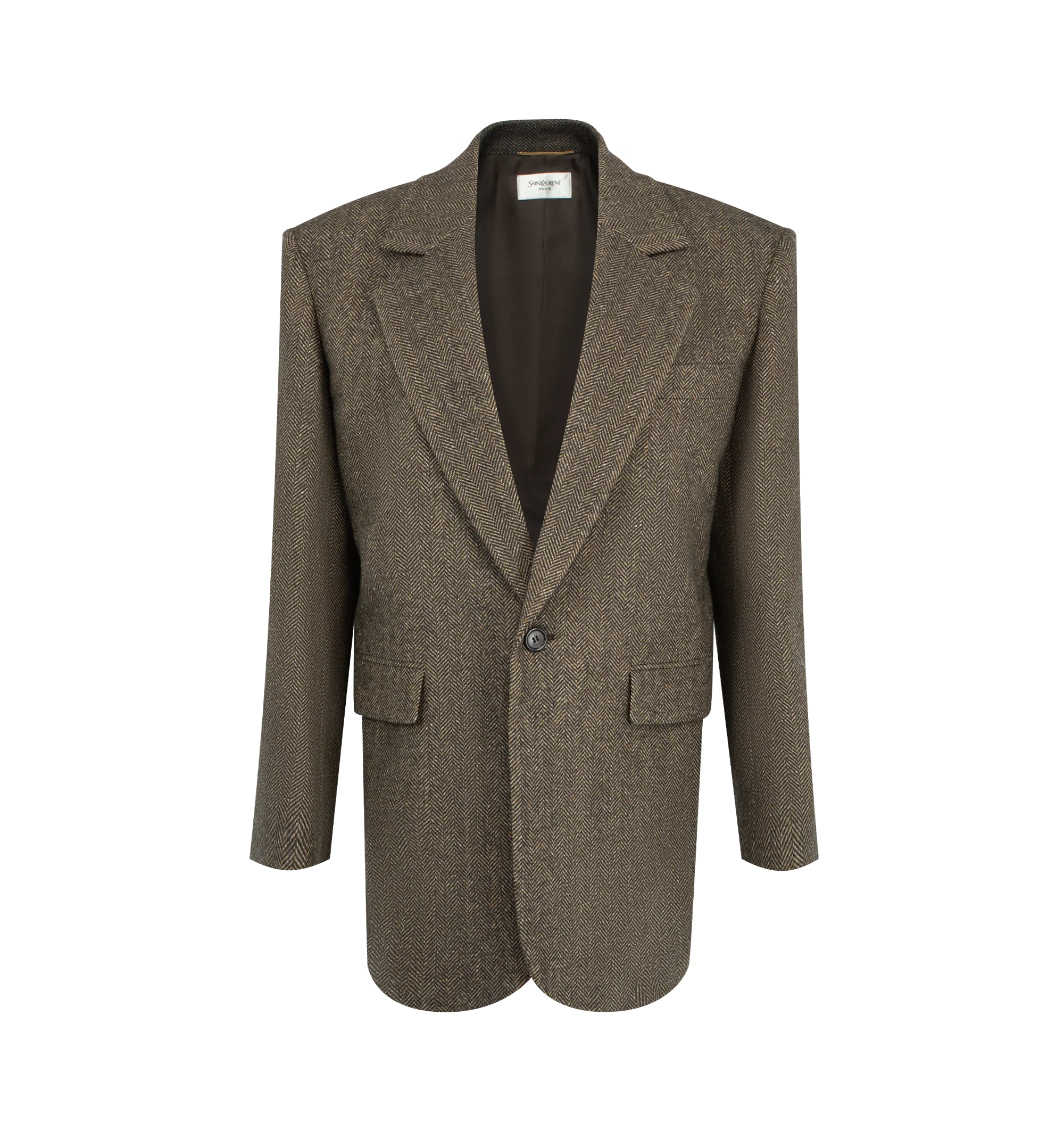 Image 1 of 4 - BROWN - Saint Laurent Womens Single-Breasted Jacket is crafted from certified virgin wool. Features a single-breasted one-button closure, notched lapels, padded shoulders, four-button cuffs, two front jetted pockets with button flaps, two interior jetted pockets, silk lining, and a single back vent. Main Material: 100% Virgin Wool; Lining: Silk. Made in Italy.