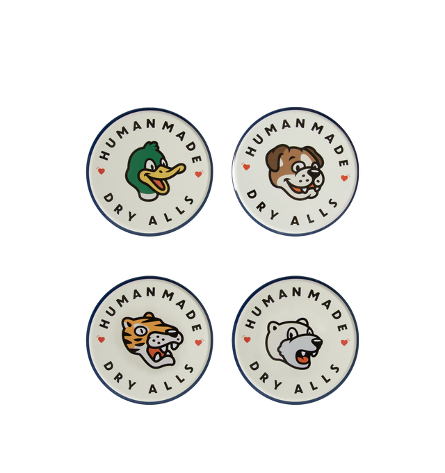 Image 1 of 2 - WHITE - HUMAN MADE Animal Coaster Set featuring set of four tin coasters, cork backing, each coaster features a different animal graphic and packaged in an original tin case.
